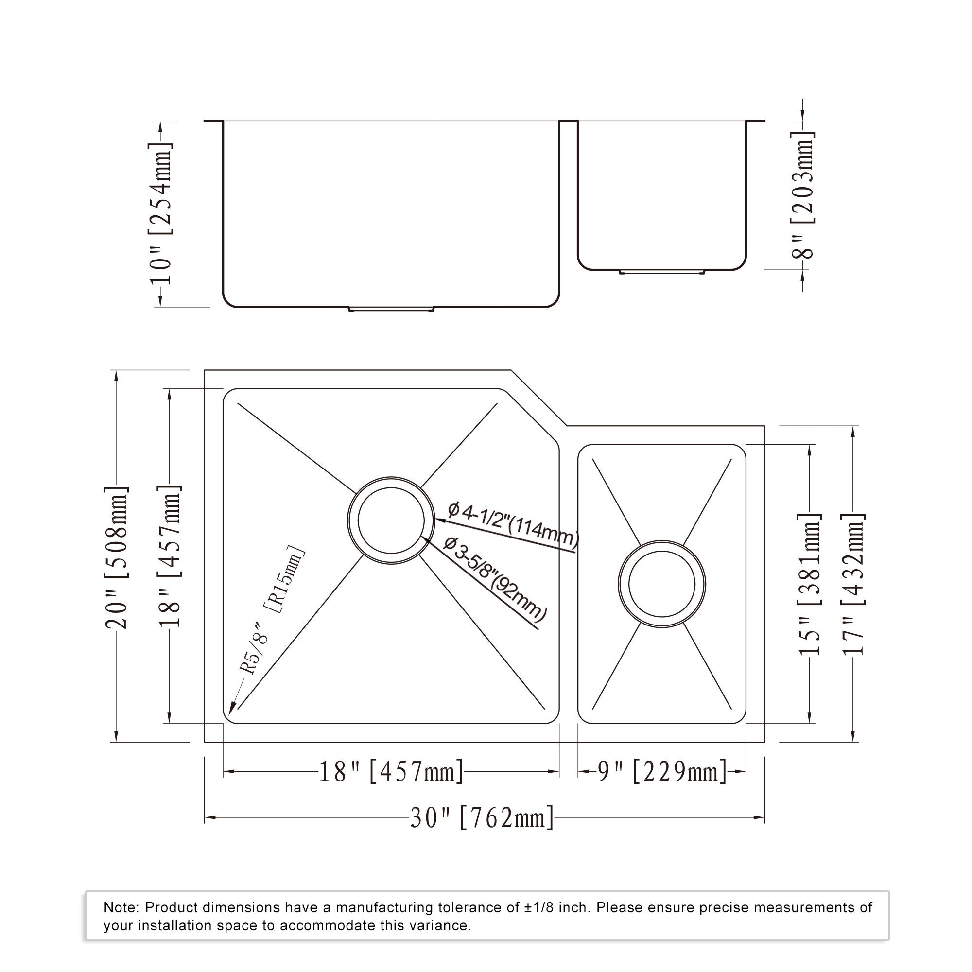 Undermount Kitchen Sinks Handcrafted Small-Radius Corner Series-6008 3020D
