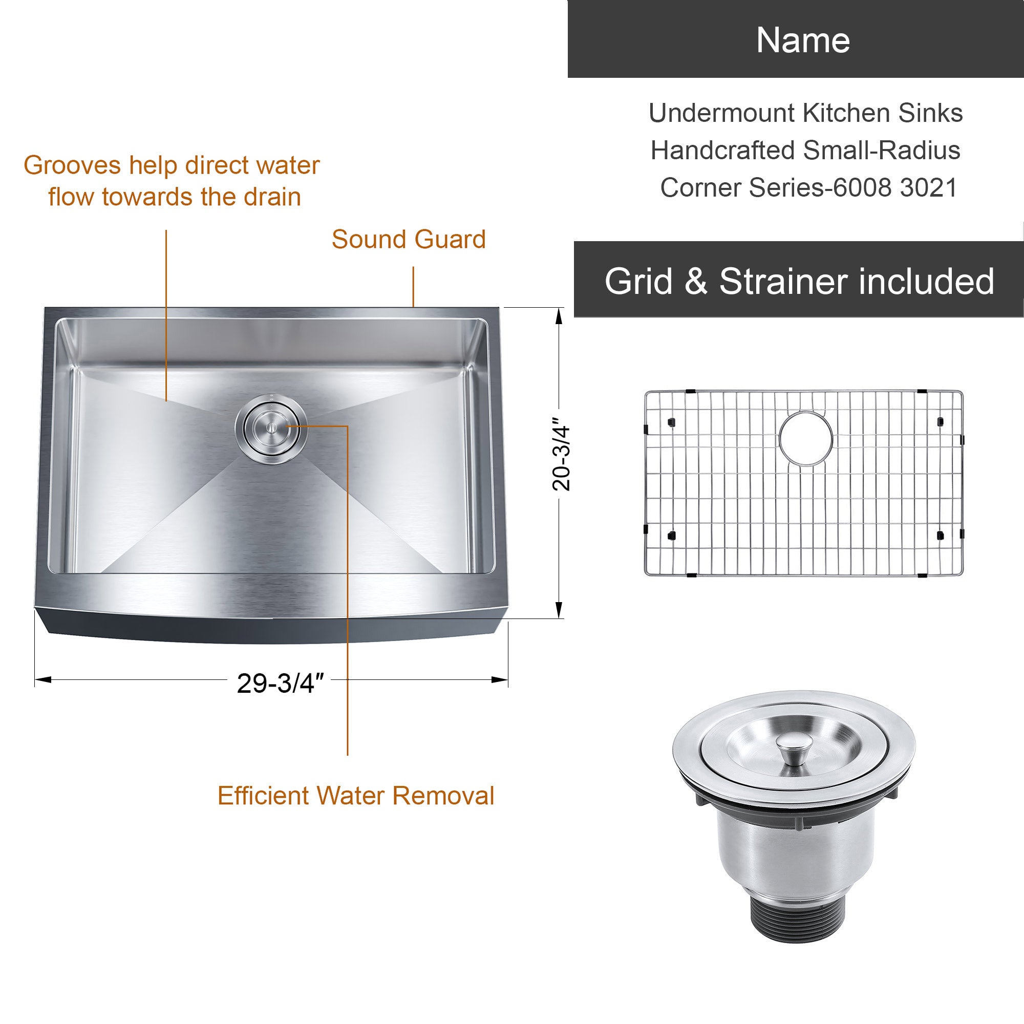 Undermount Kitchen Sinks Handcrafted Small-Radius Corner Series-6008 3021