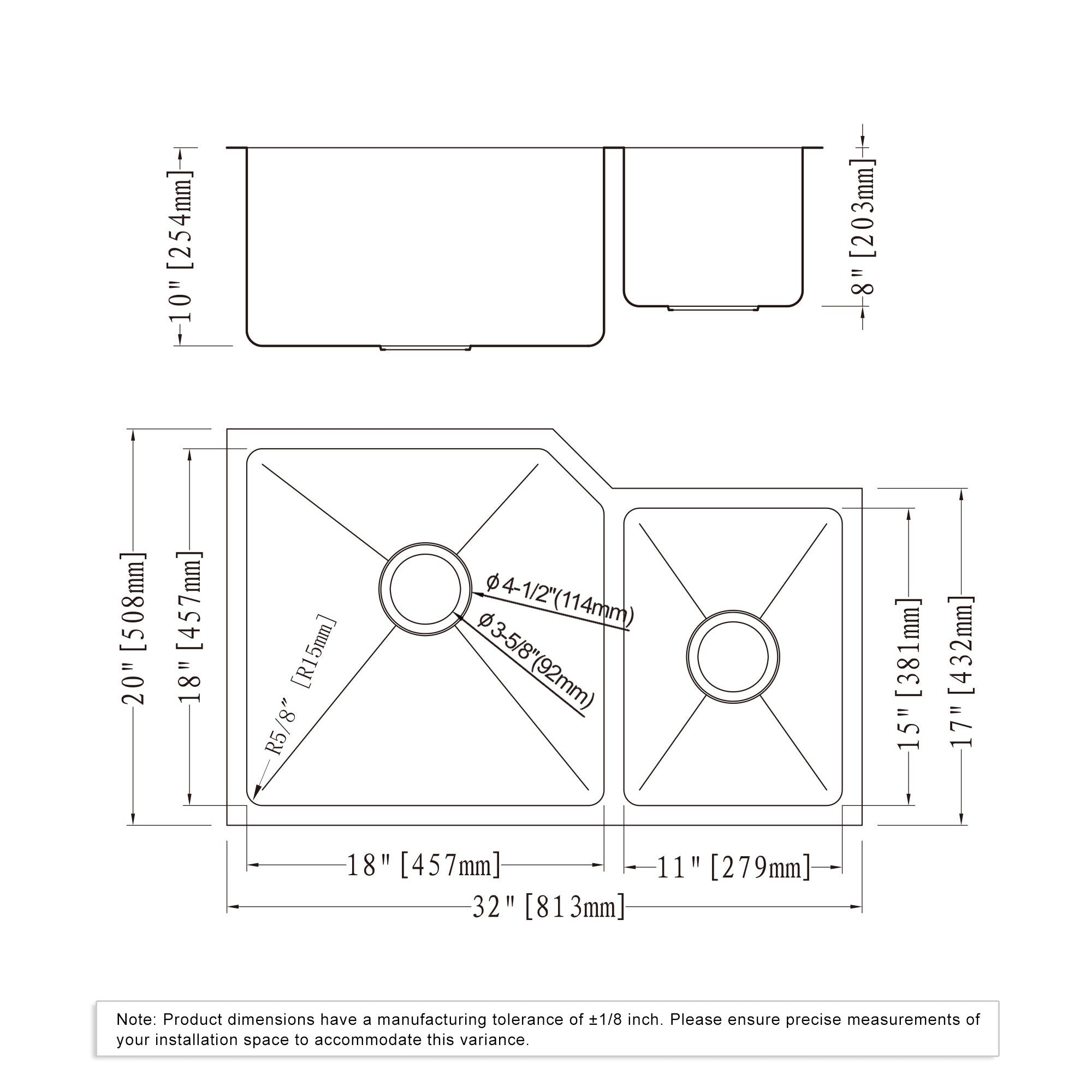 Undermount Kitchen Sinks Handcrafted Small-Radius Corner Series-6008 3220D