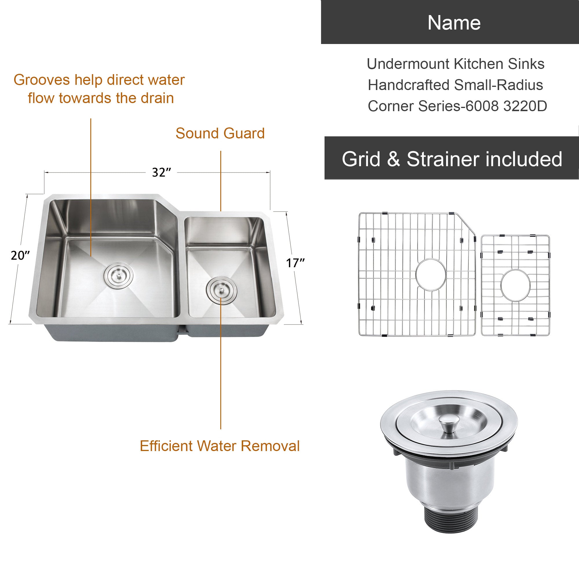 Undermount Kitchen Sinks Handcrafted Small-Radius Corner Series-6008 3220D