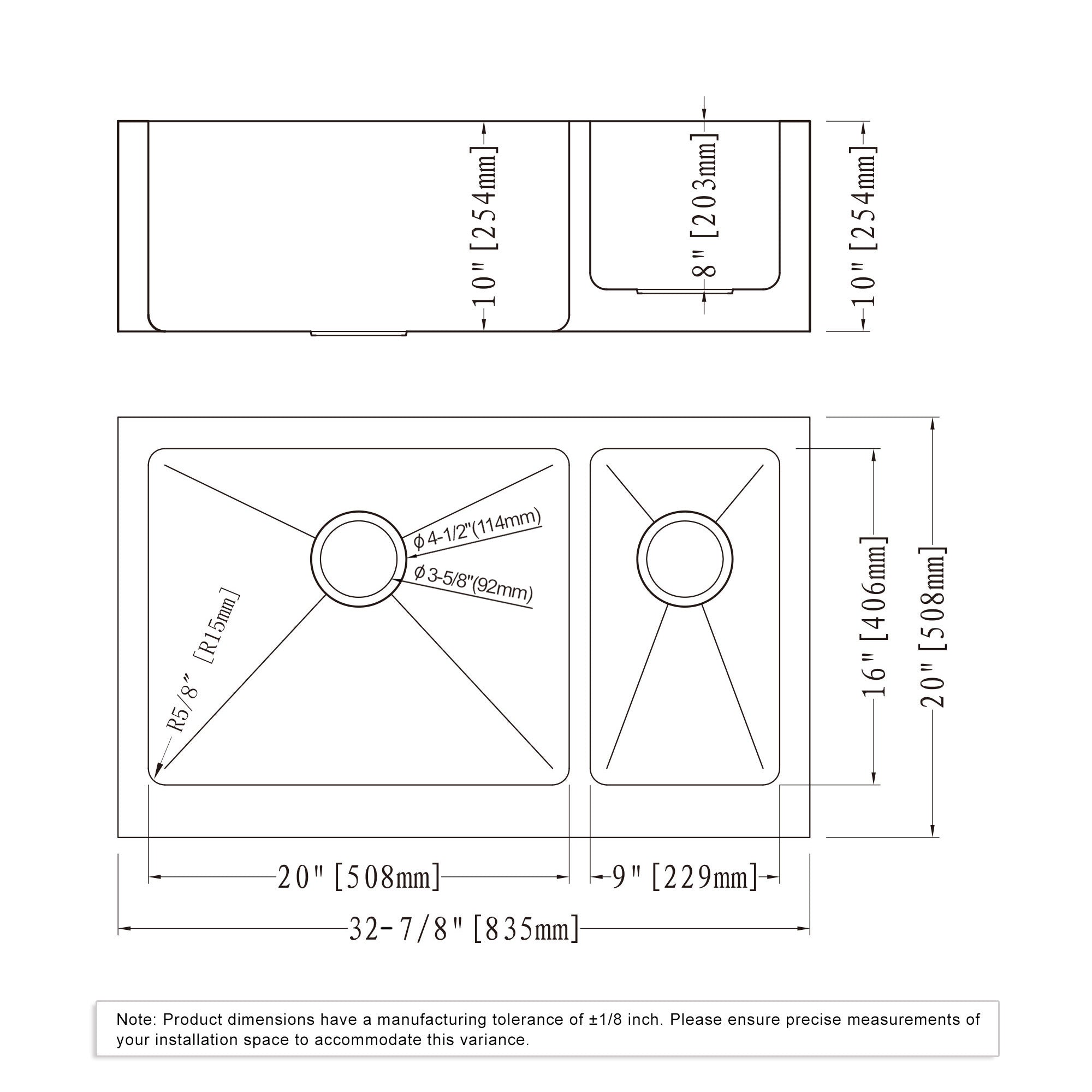 Undermount Kitchen Sinks Handcrafted Small-Radius Corner Series-6008 3320D
