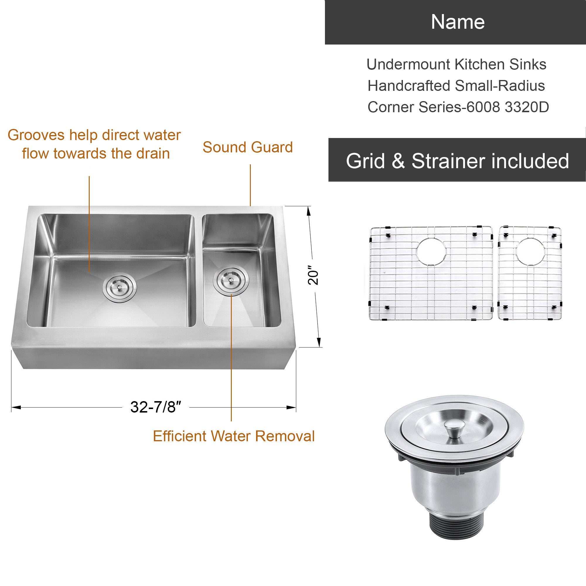 Undermount Kitchen Sinks Handcrafted Small-Radius Corner Series-6008 3320D