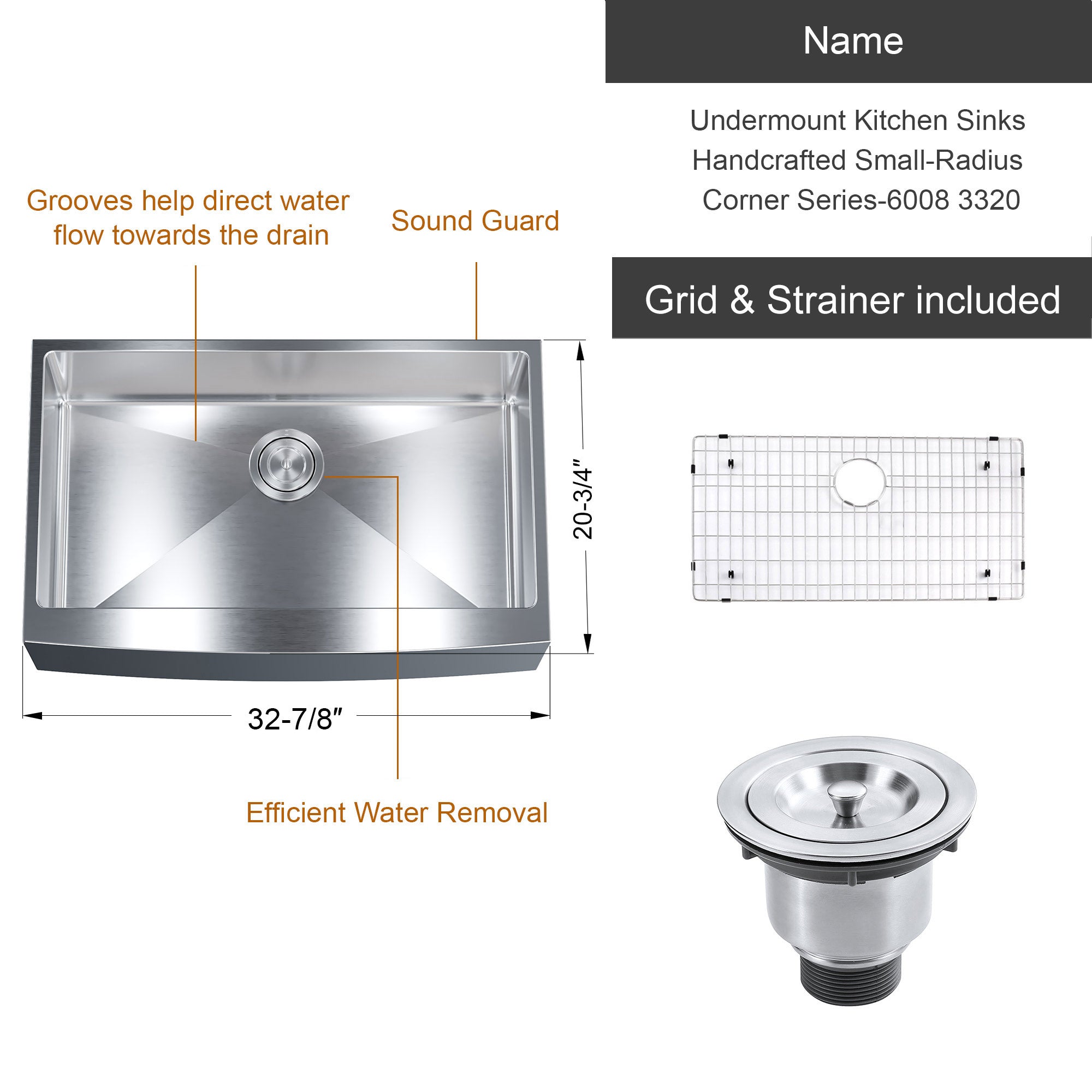Undermount Kitchen Sinks Handcrafted Small-Radius Corner Series-6008 3320