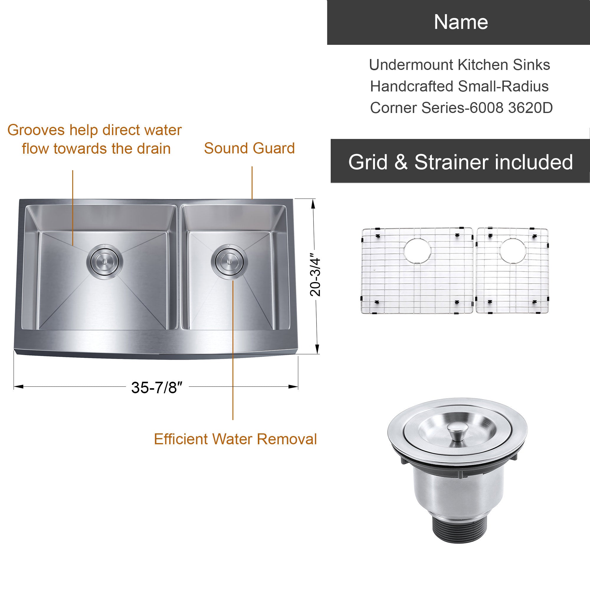 Undermount Kitchen Sinks Handcrafted Small-Radius Corner Series-6008 3620D