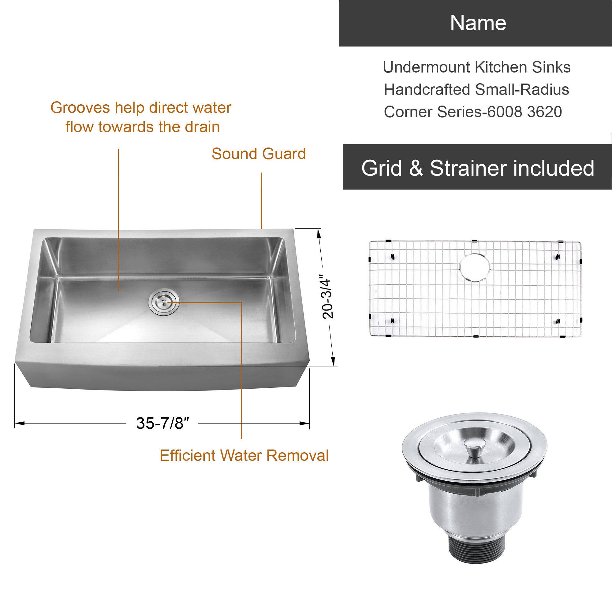 Undermount Kitchen Sinks Handcrafted Small-Radius Corner Series-6008 3620