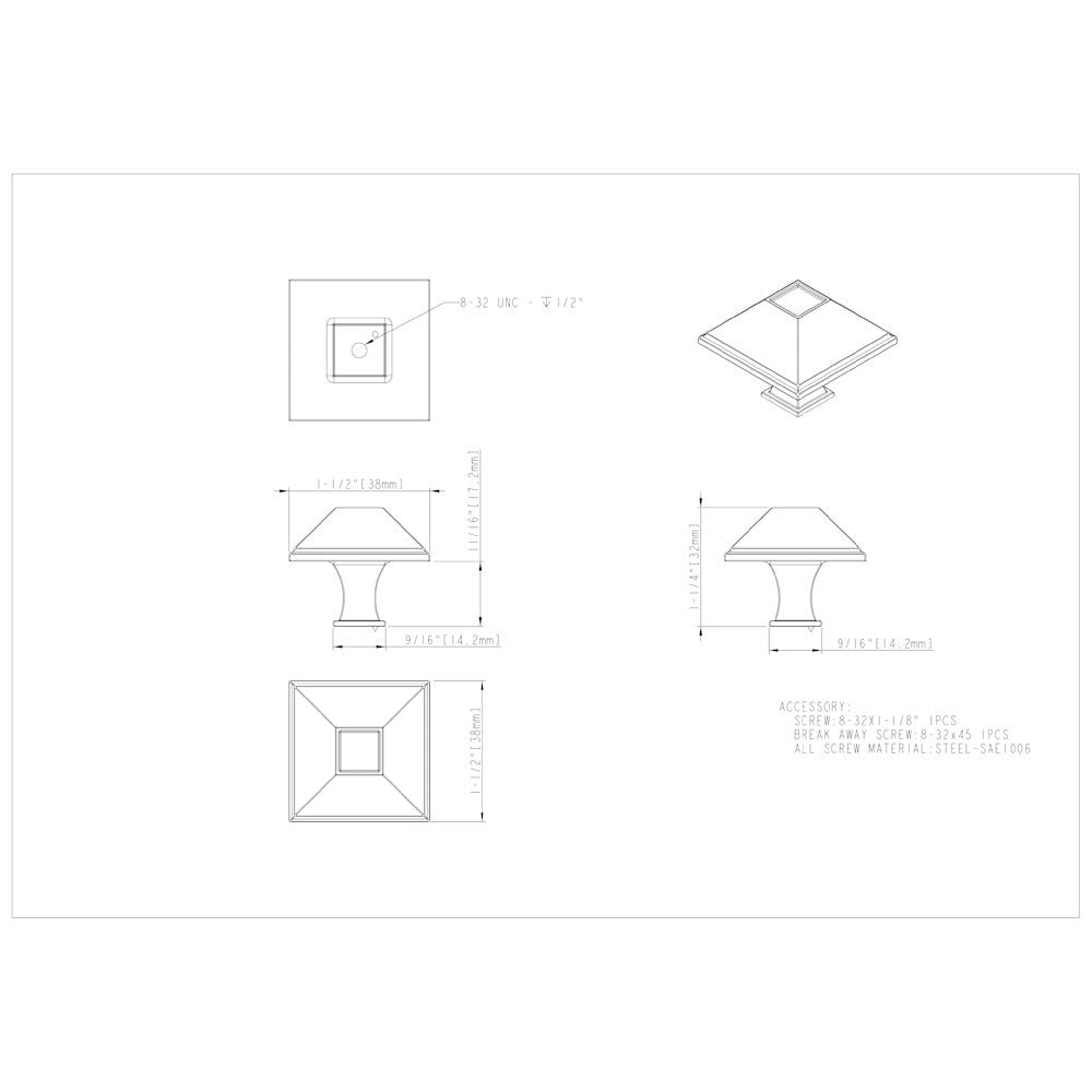 Hardware Resources 1-1/4" Overall Length Matte Black Square Tahoe Cabinet Knob