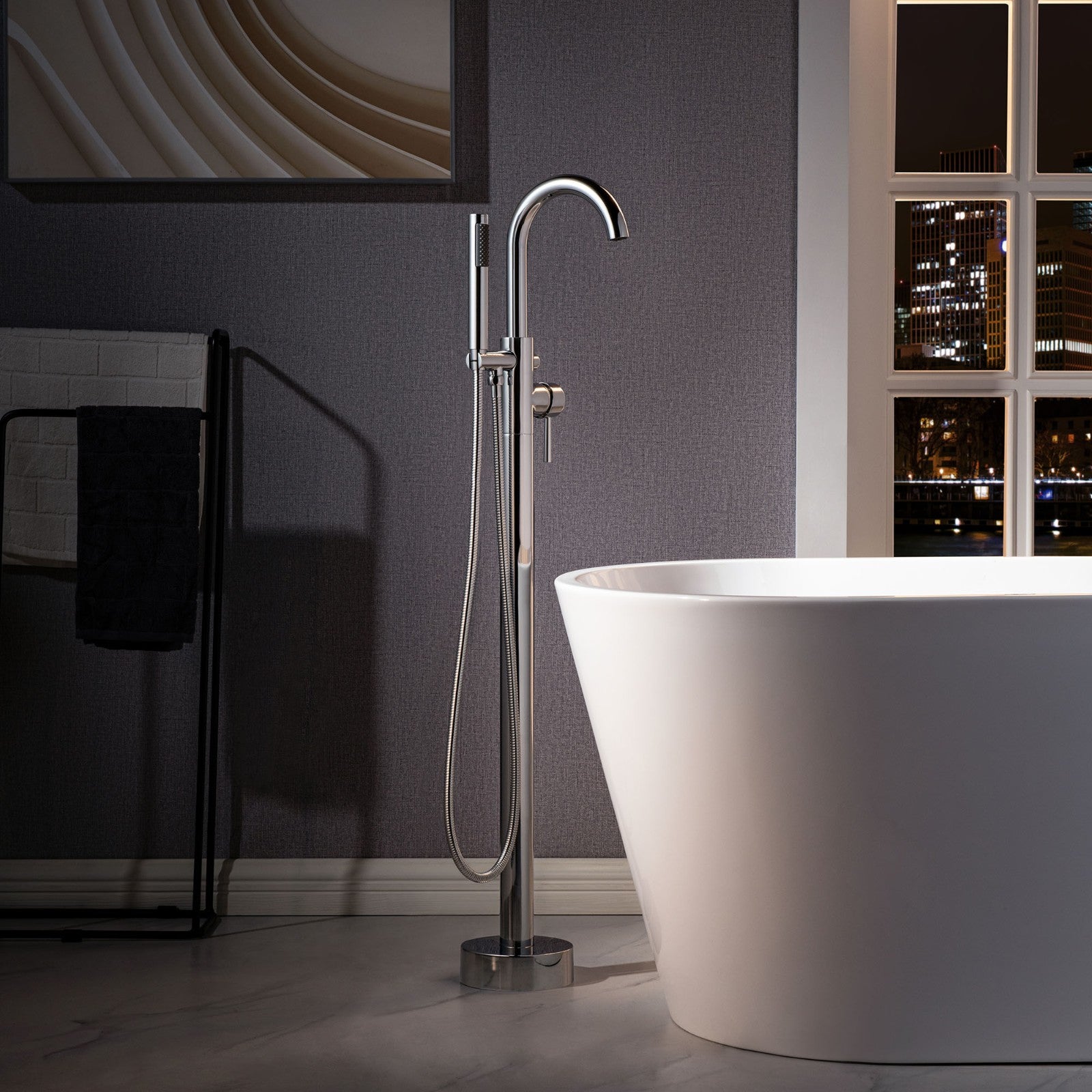 WOODBRIDGE Contemporary Single Handle Floor Mount Freestanding Tub Filler Faucet with Cylinder Shape Hand shower