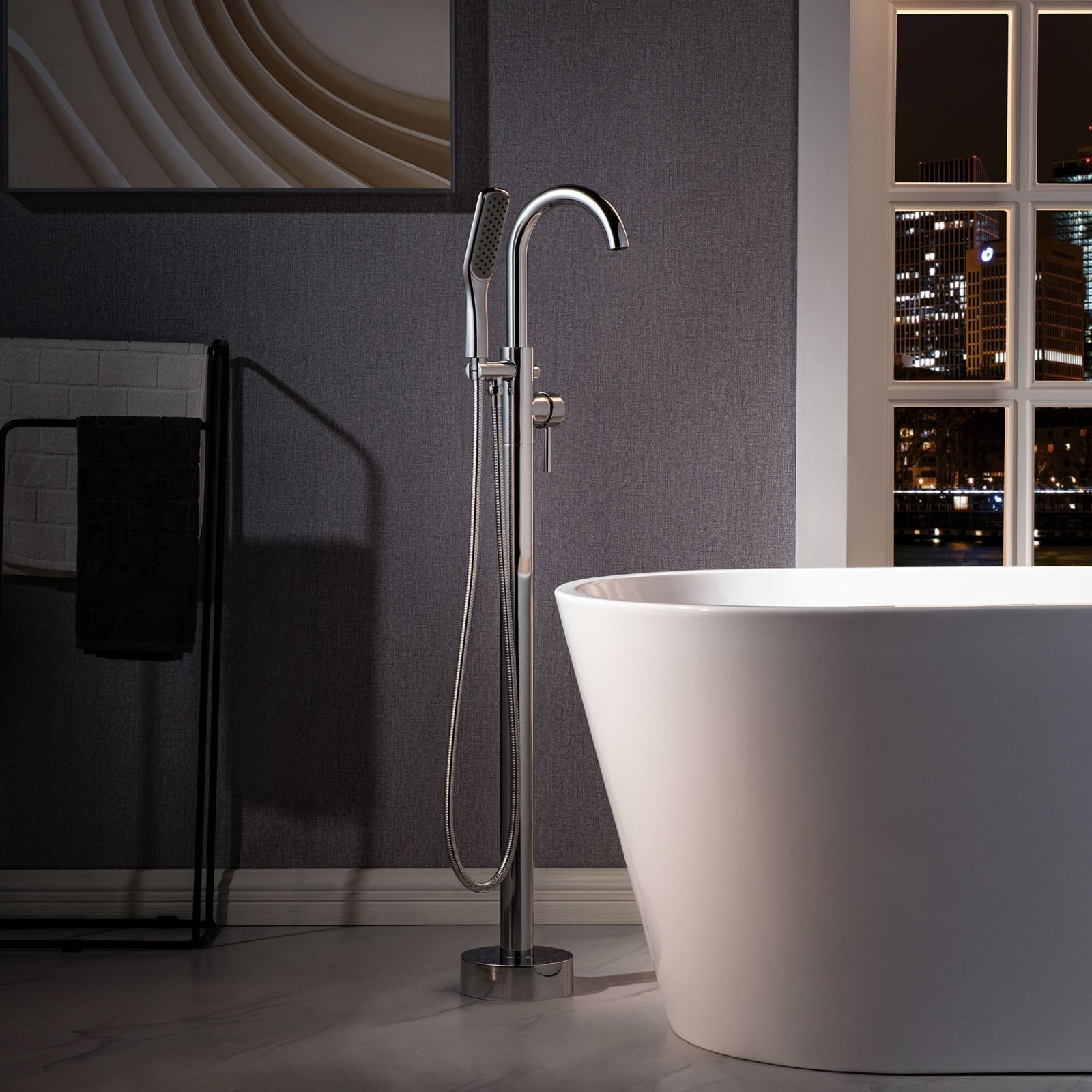 WOODBRIDGE Fusion Single Handle Floor Mount Freestanding Tub Filler Faucet with Square Comfort Grip Hand Shower
