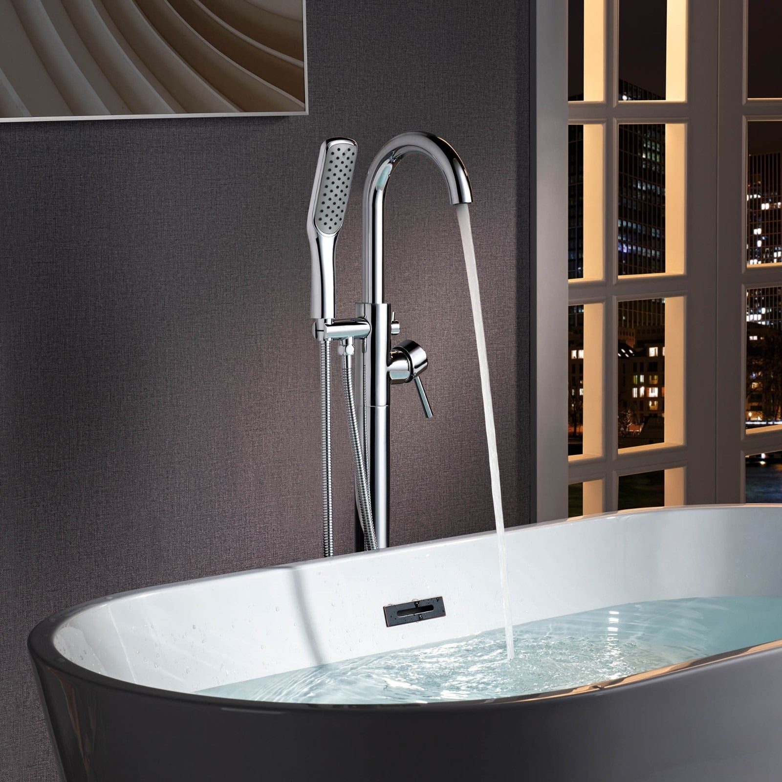 WOODBRIDGE Fusion Single Handle Floor Mount Freestanding Tub Filler Faucet with Square Comfort Grip Hand Shower