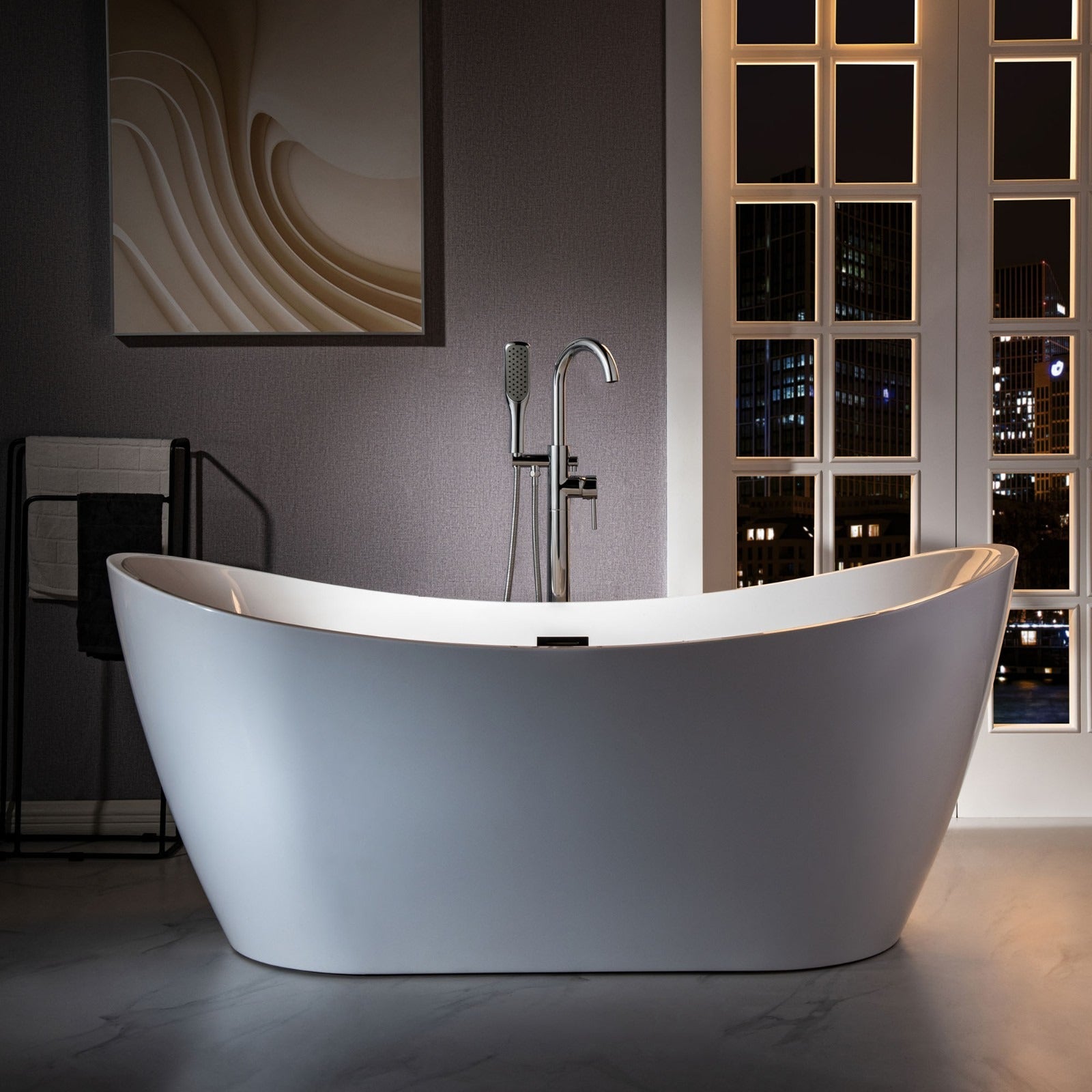 WOODBRIDGE Fusion Single Handle Floor Mount Freestanding Tub Filler Faucet with Square Comfort Grip Hand Shower