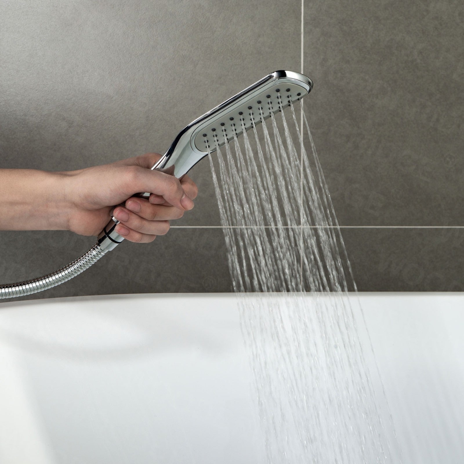 WOODBRIDGE Fusion Single Handle Floor Mount Freestanding Tub Filler Faucet with Square Comfort Grip Hand Shower