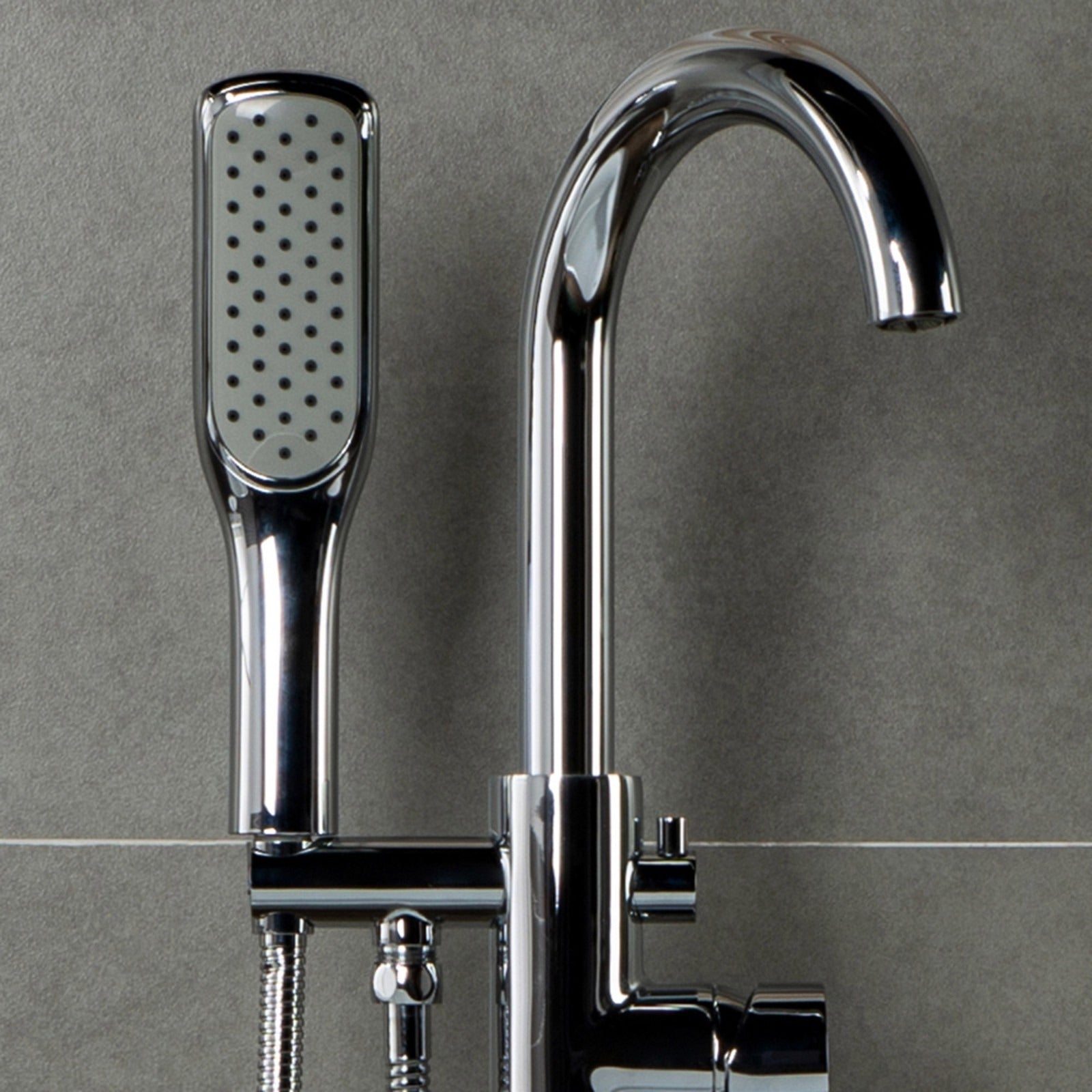 WOODBRIDGE Fusion Single Handle Floor Mount Freestanding Tub Filler Faucet with Square Comfort Grip Hand Shower