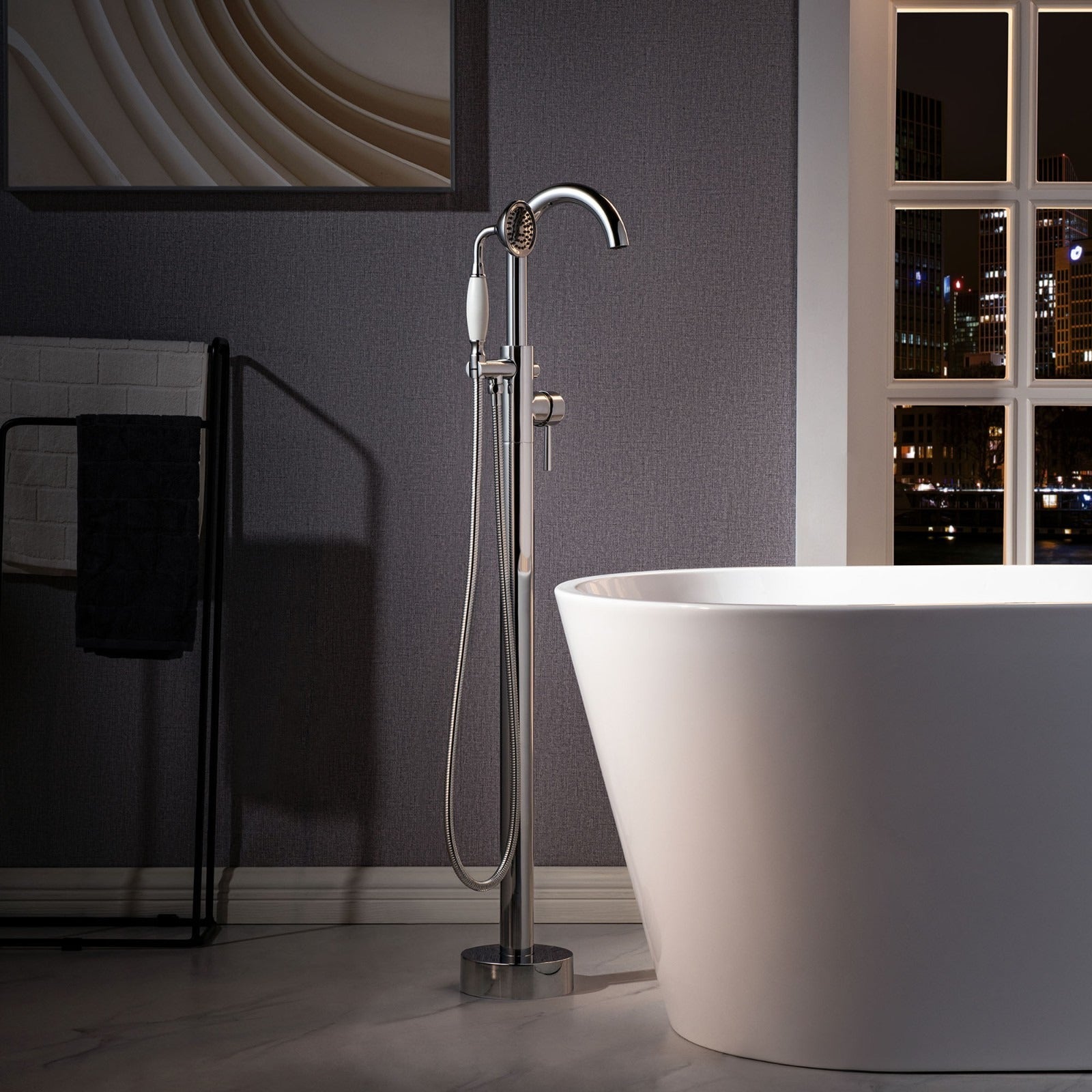 WOODBRIDGE Fusion Single Handle Floor Mount Freestanding Tub Filler Faucet with Telephone Hand shower