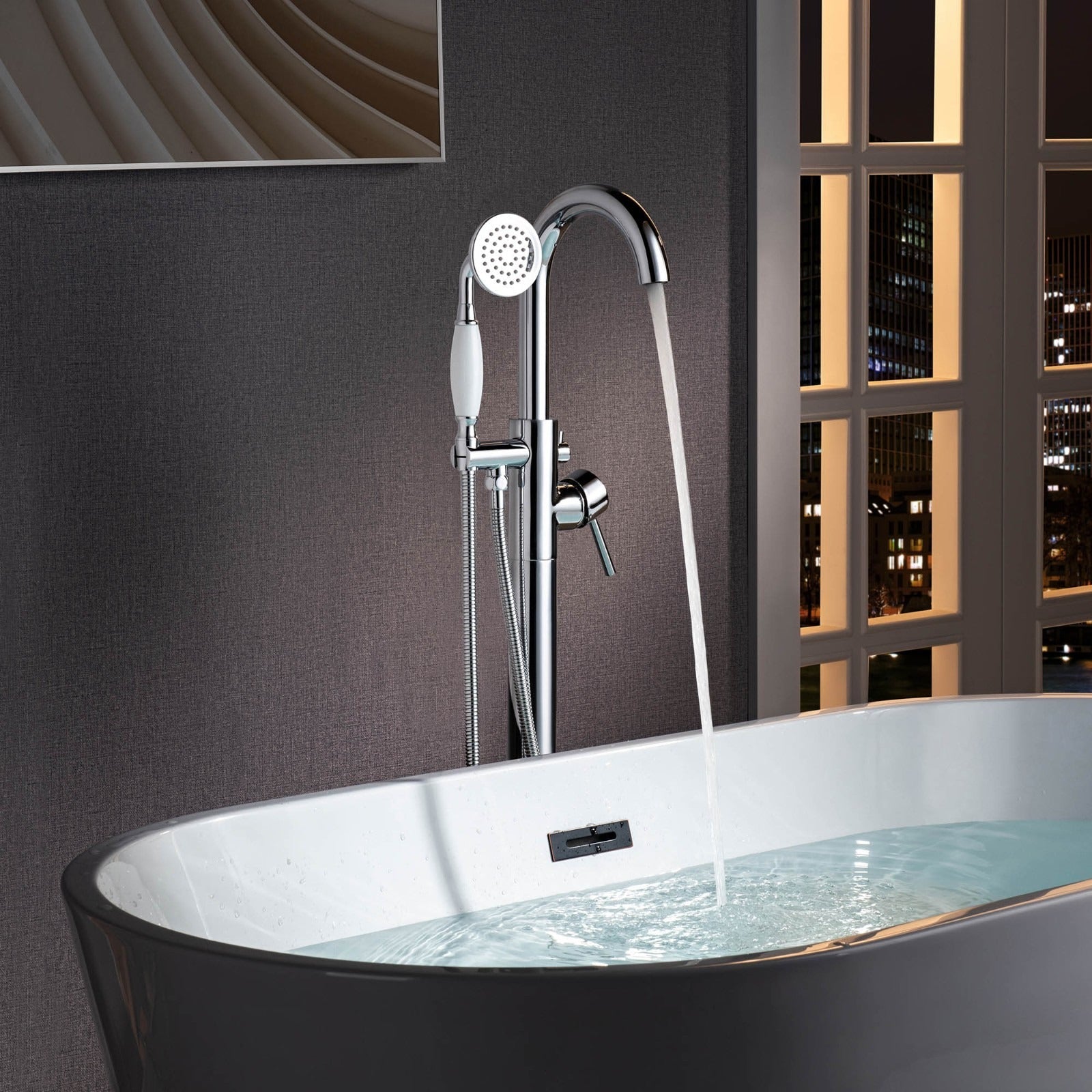 WOODBRIDGE Fusion Single Handle Floor Mount Freestanding Tub Filler Faucet with Telephone Hand shower