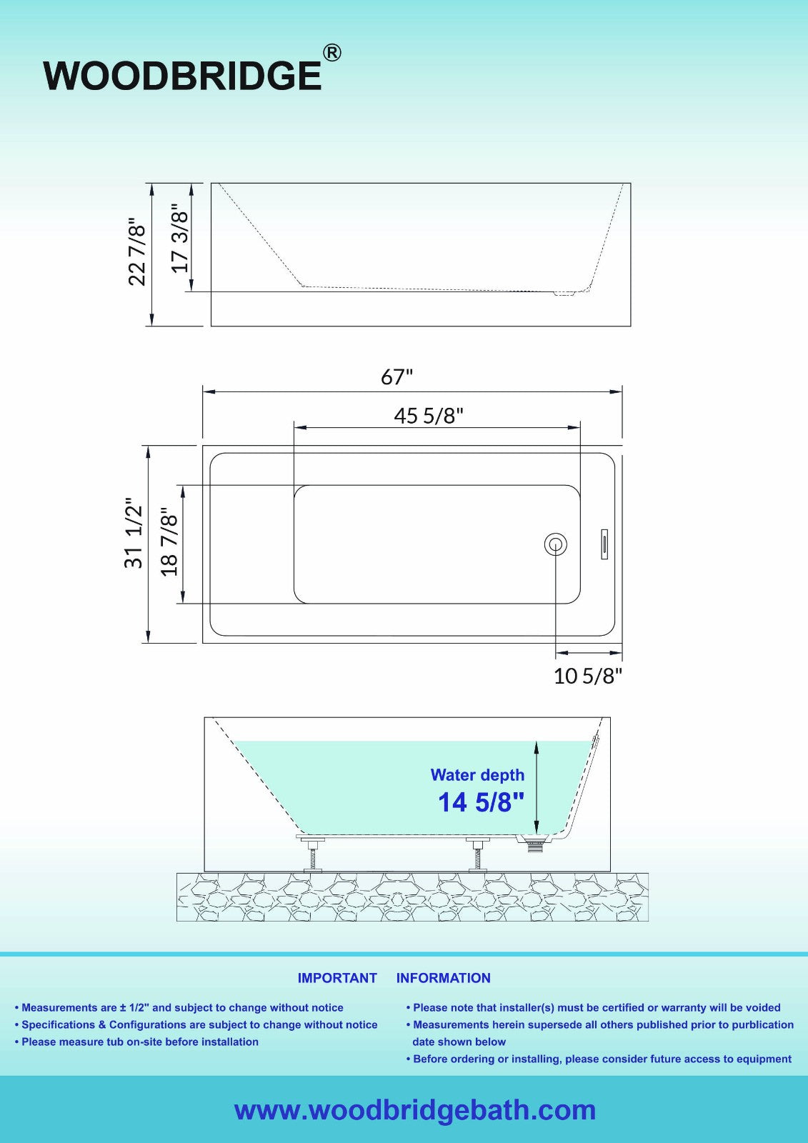 WOODBRIDGE 67" Acrylic Freestanding Contemporary Soaking Bathtub with Drain & Overflow – B-0086 Series