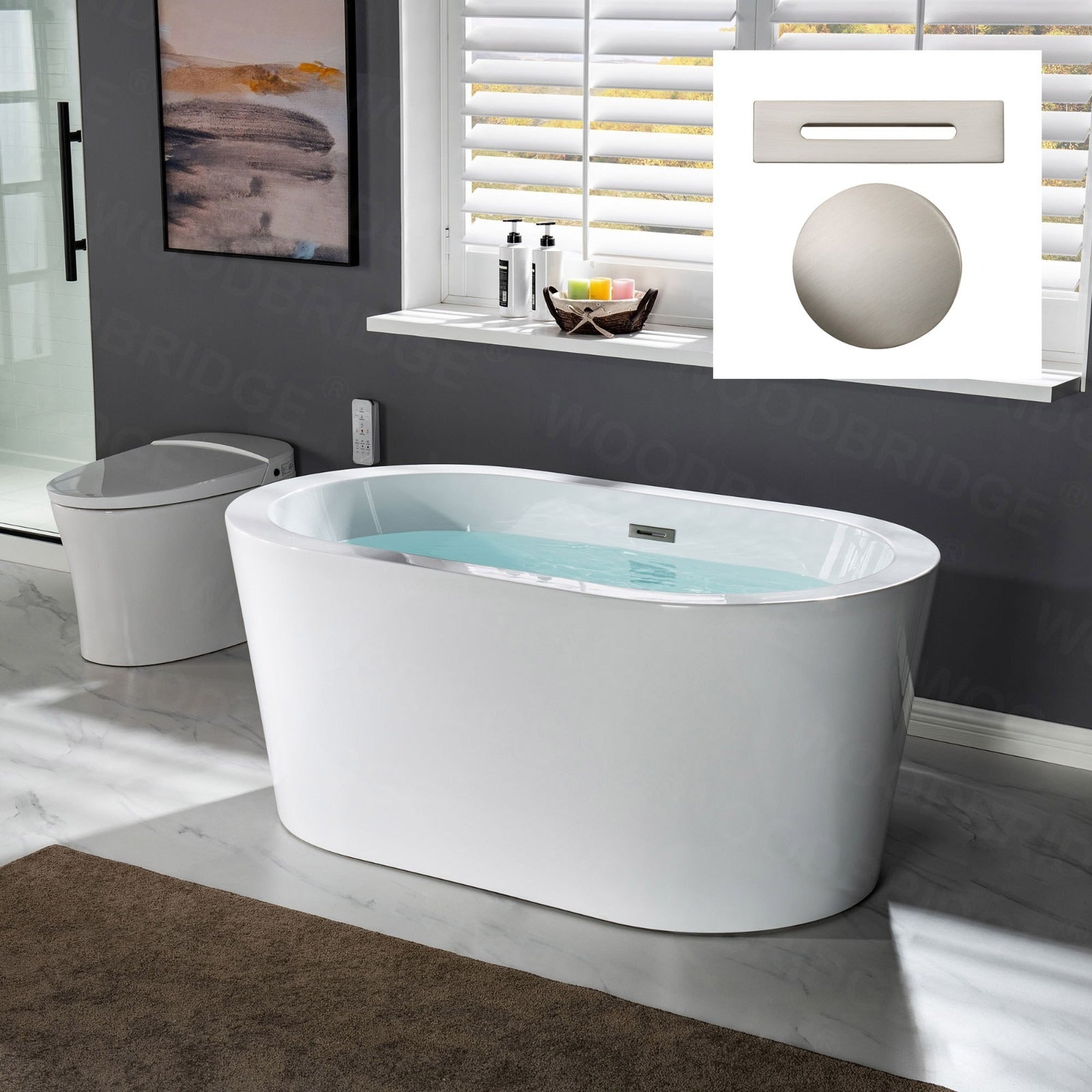 WOODBRIDGE 56" Acrylic Freestanding Bathtub Contemporary Soaking Tub with Drain & Overflow, BTA0088