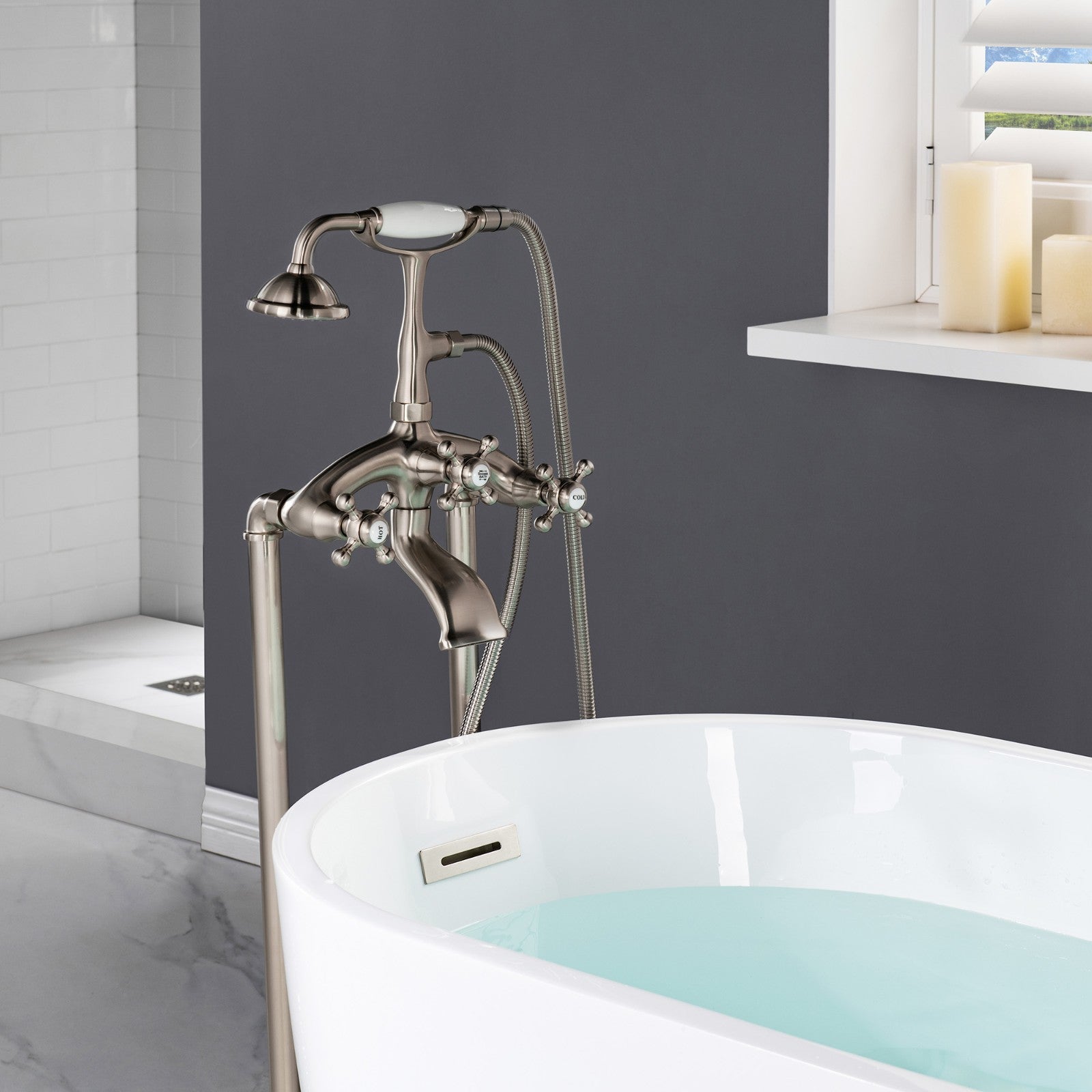 WOODBRIDGE F0018BN Freestanding Clawfoot Tub Filler Faucet with Hand Shower and Hose
