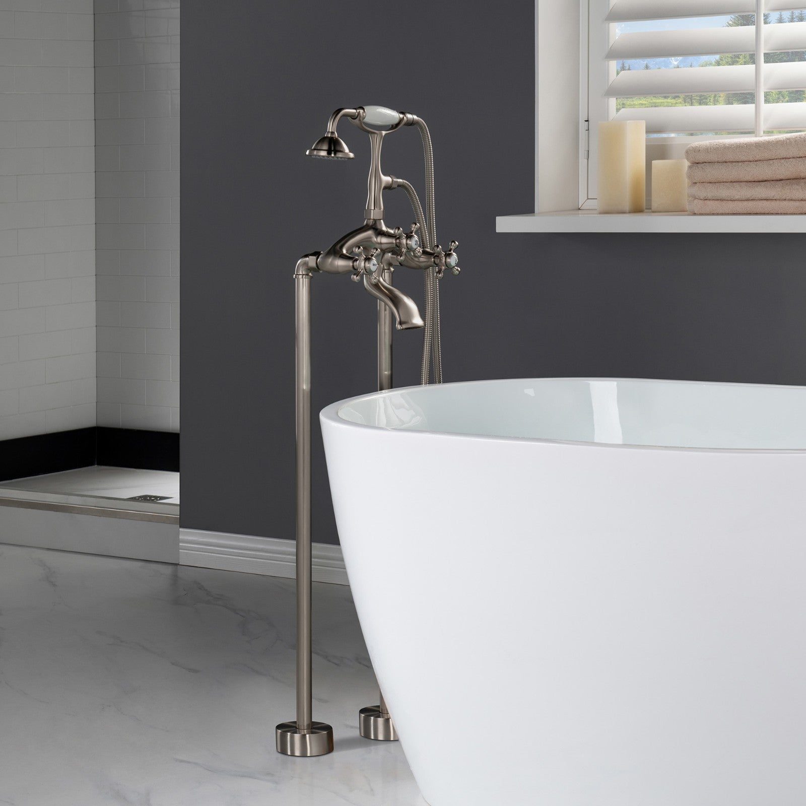 WOODBRIDGE F0018BN Freestanding Clawfoot Tub Filler Faucet with Hand Shower and Hose