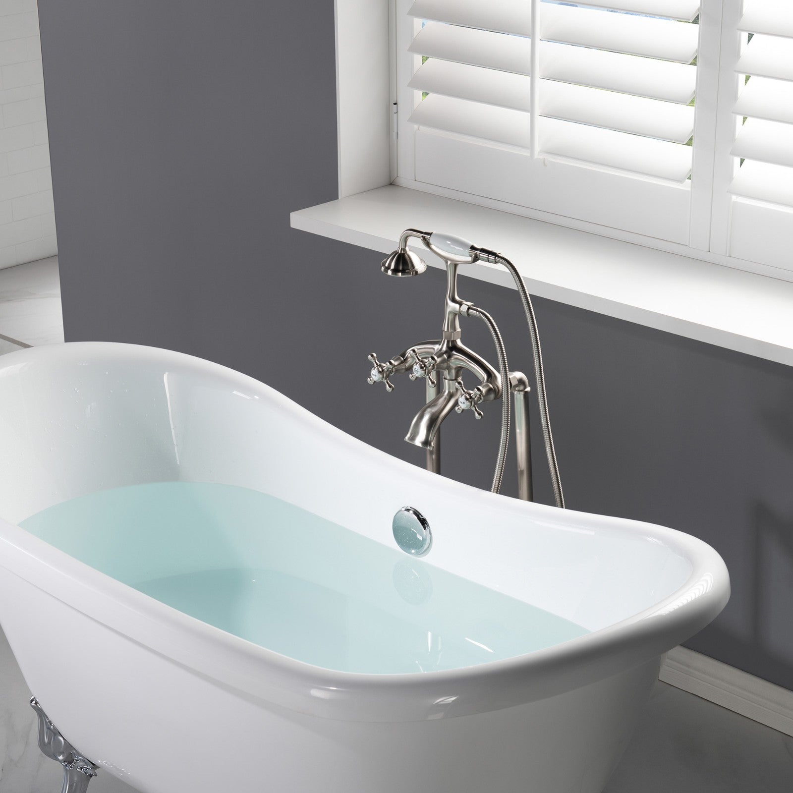 WOODBRIDGE F0018BN Freestanding Clawfoot Tub Filler Faucet with Hand Shower and Hose