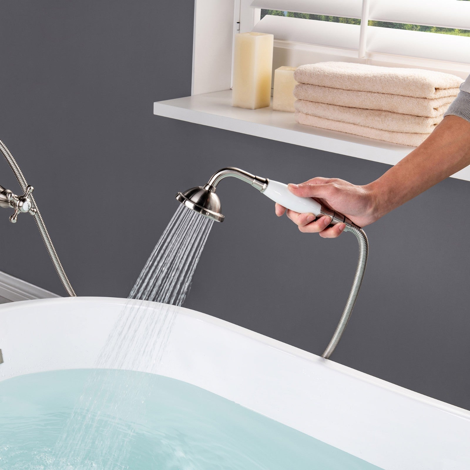 WOODBRIDGE F0018BN Freestanding Clawfoot Tub Filler Faucet with Hand Shower and Hose