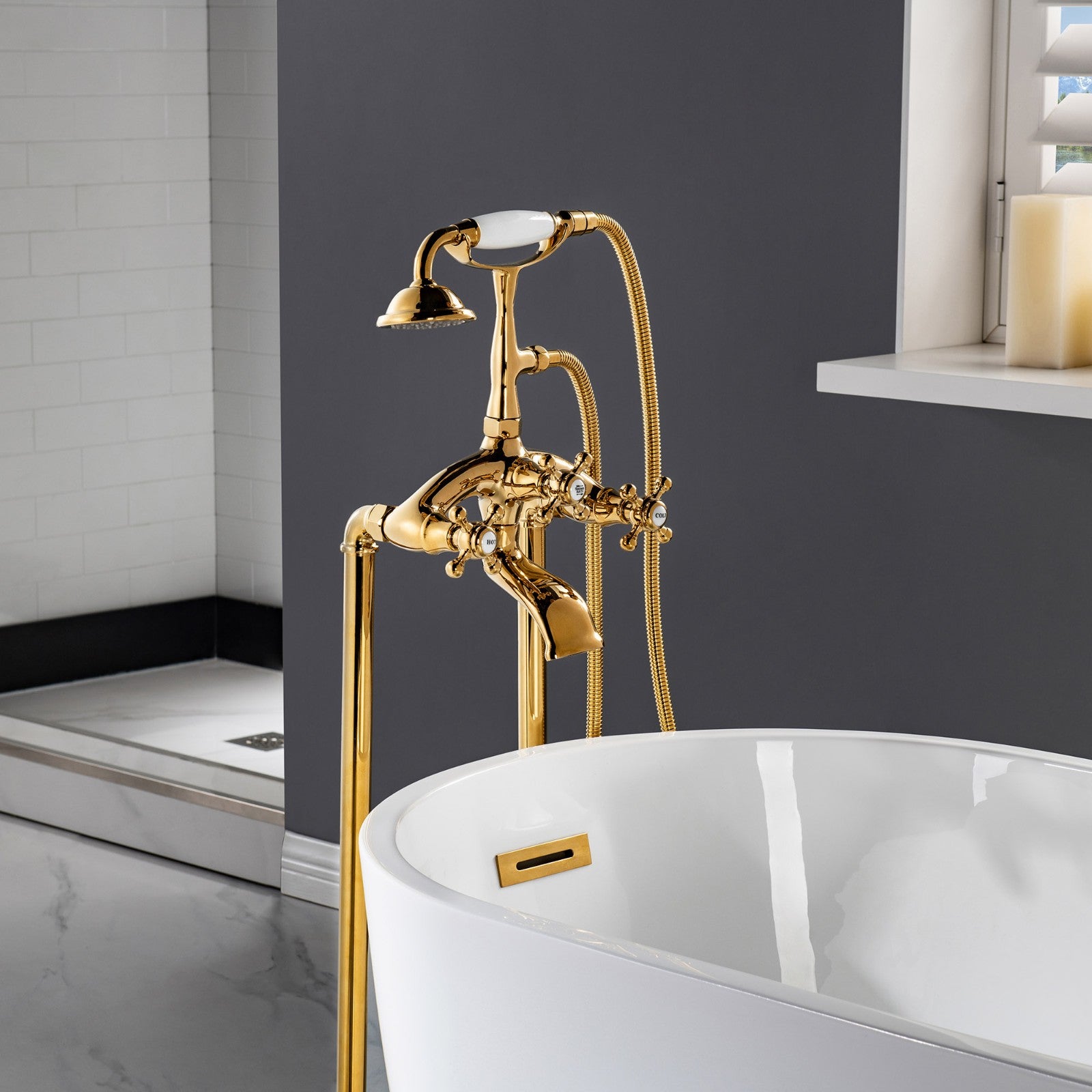 WOODBRIDGE F0018BN Freestanding Clawfoot Tub Filler Faucet with Hand Shower and Hose