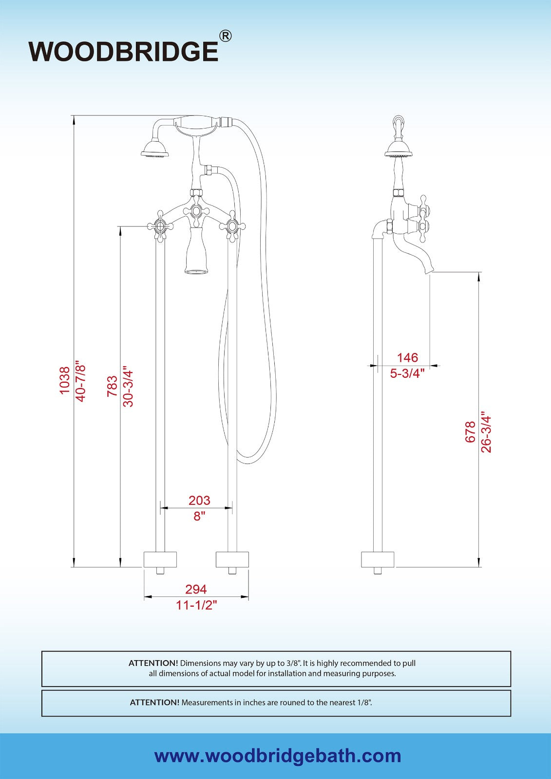 WOODBRIDGE F0018BN Freestanding Clawfoot Tub Filler Faucet with Hand Shower and Hose