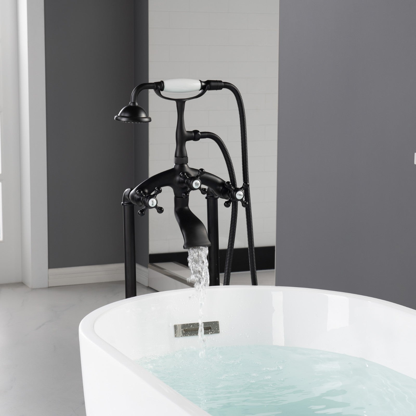 WOODBRIDGE F0018BN Freestanding Clawfoot Tub Filler Faucet with Hand Shower and Hose