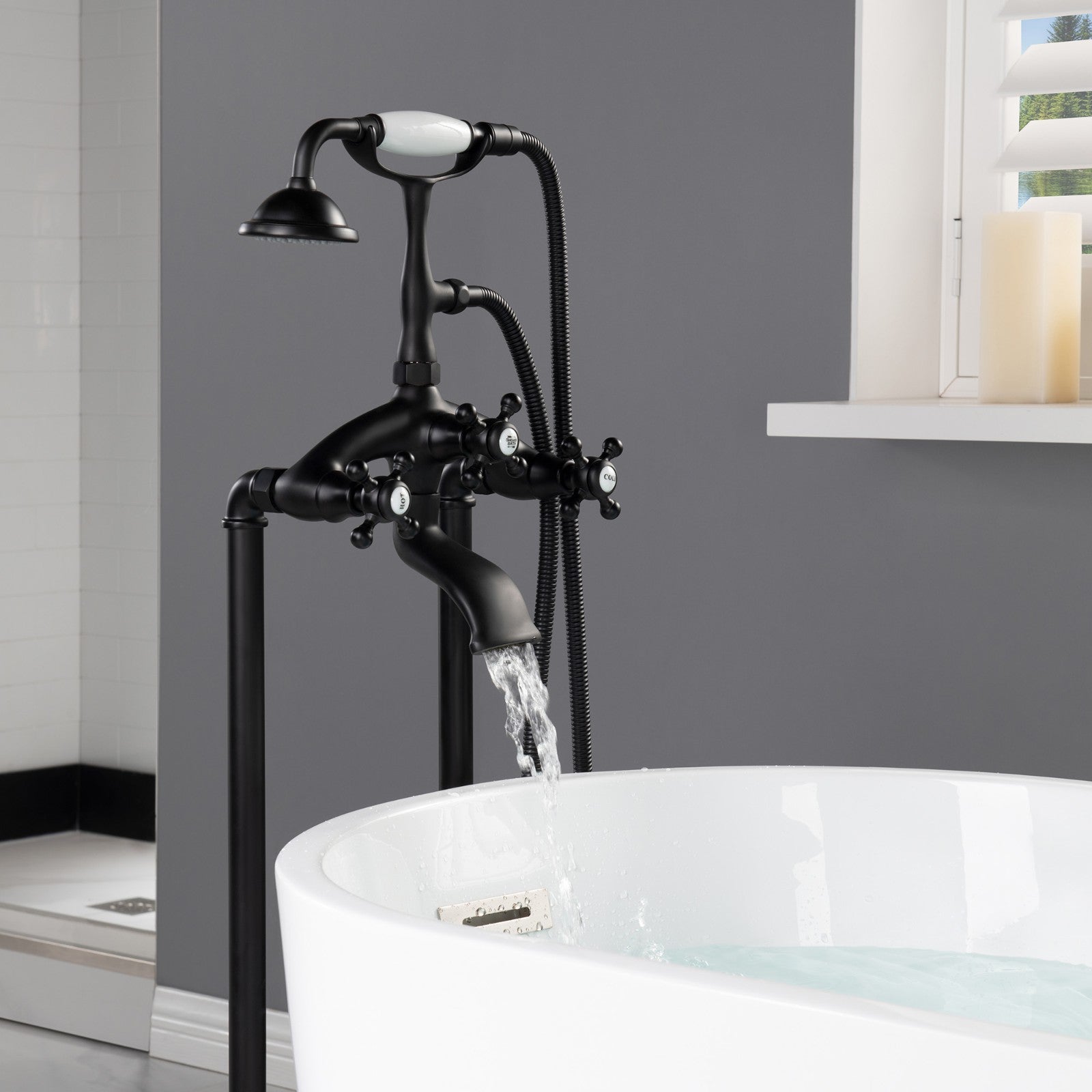 WOODBRIDGE F0018BN Freestanding Clawfoot Tub Filler Faucet with Hand Shower and Hose