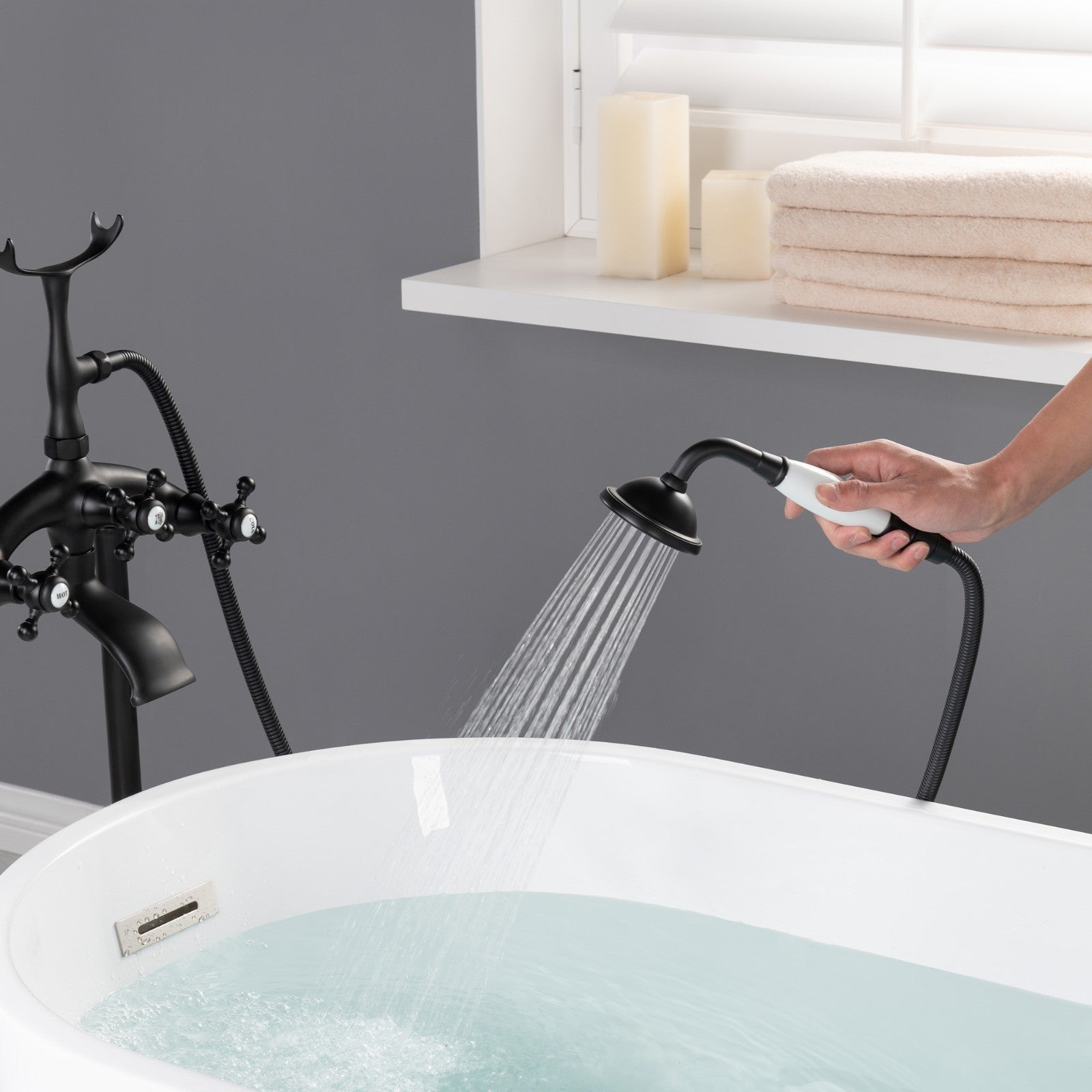WOODBRIDGE F0018BN Freestanding Clawfoot Tub Filler Faucet with Hand Shower and Hose
