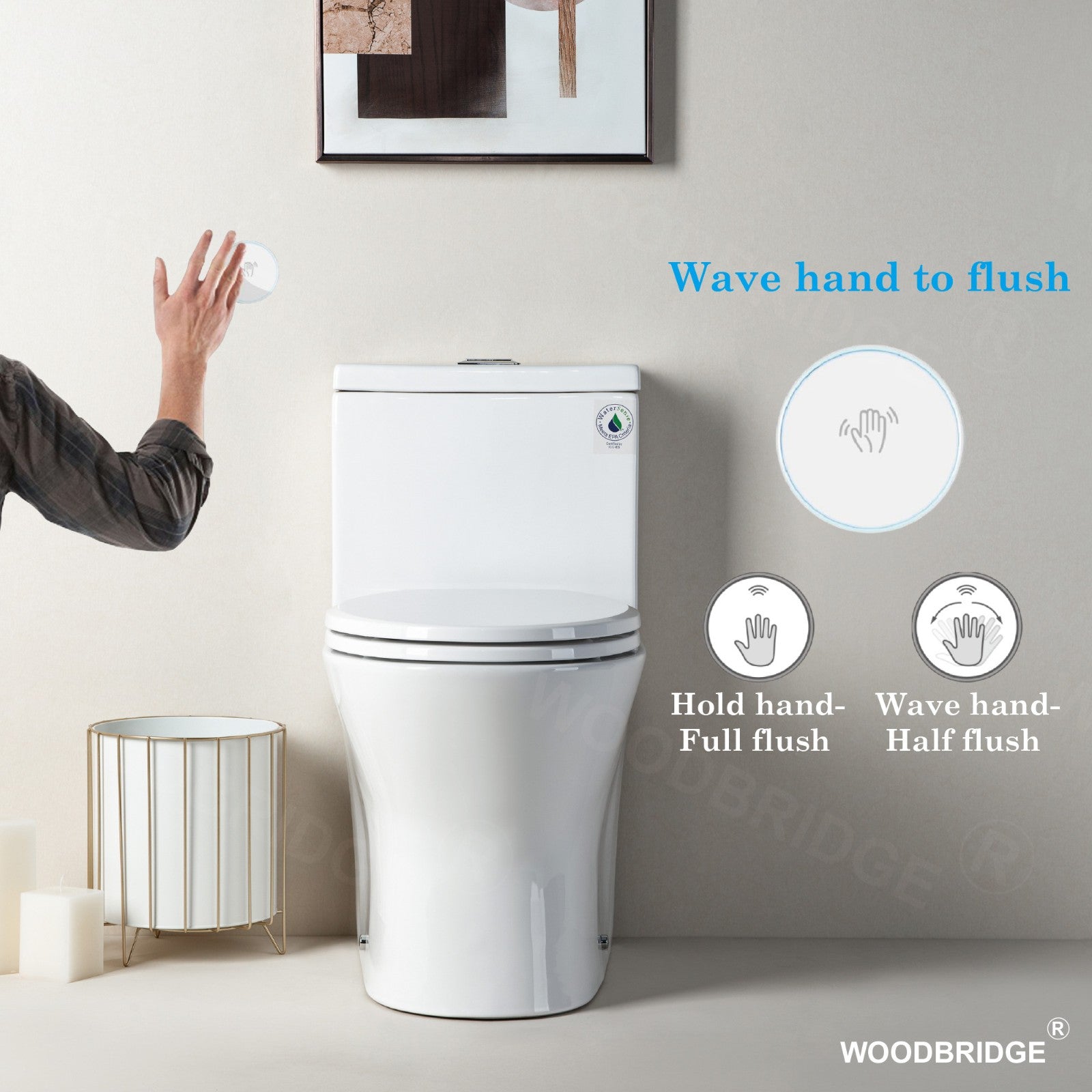 WOODBRIDGEE B0500-A Short Compact One Piece Toilet with Soft Closing Seat and Touchless Sensor Flush Kit, Small Toilet, White