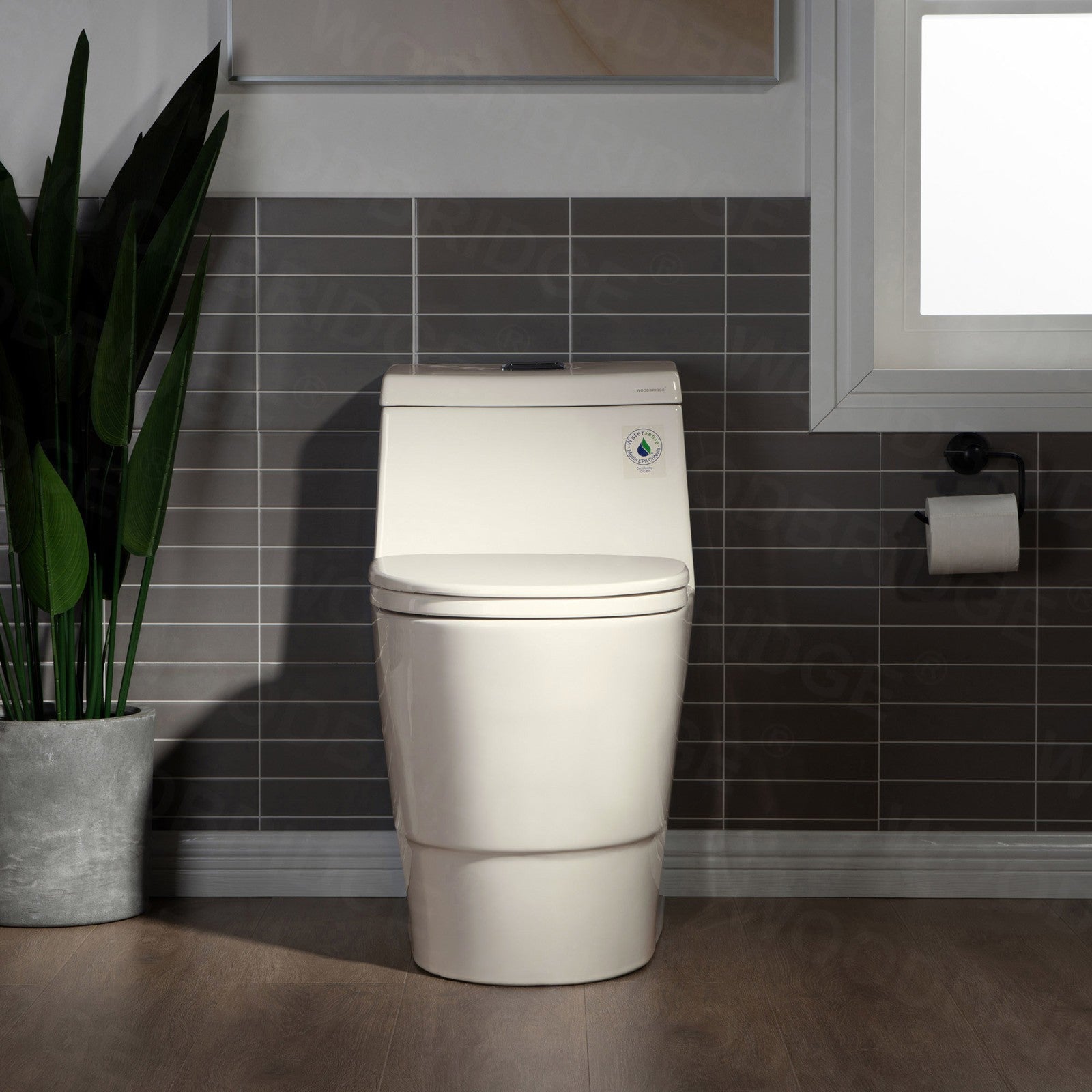 WOODBRIDGEE One Piece Toilet with Soft Closing Seat, Chair Height, 1.28 GPF Dual, Water Sensed, 1000 Gram MaP Flushing Score Toilet, Biscuit