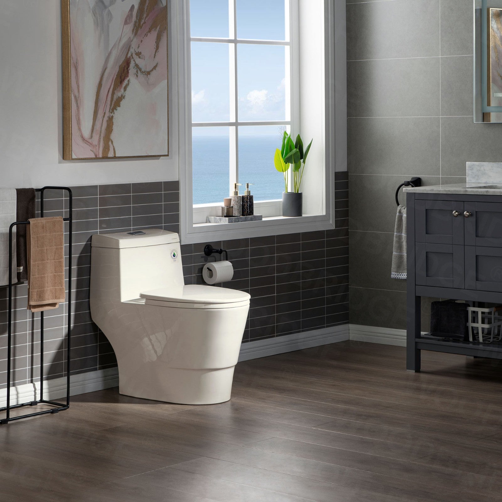 WOODBRIDGEE One Piece Toilet with Soft Closing Seat, Chair Height, 1.28 GPF Dual, Water Sensed, 1000 Gram MaP Flushing Score Toilet, Biscuit