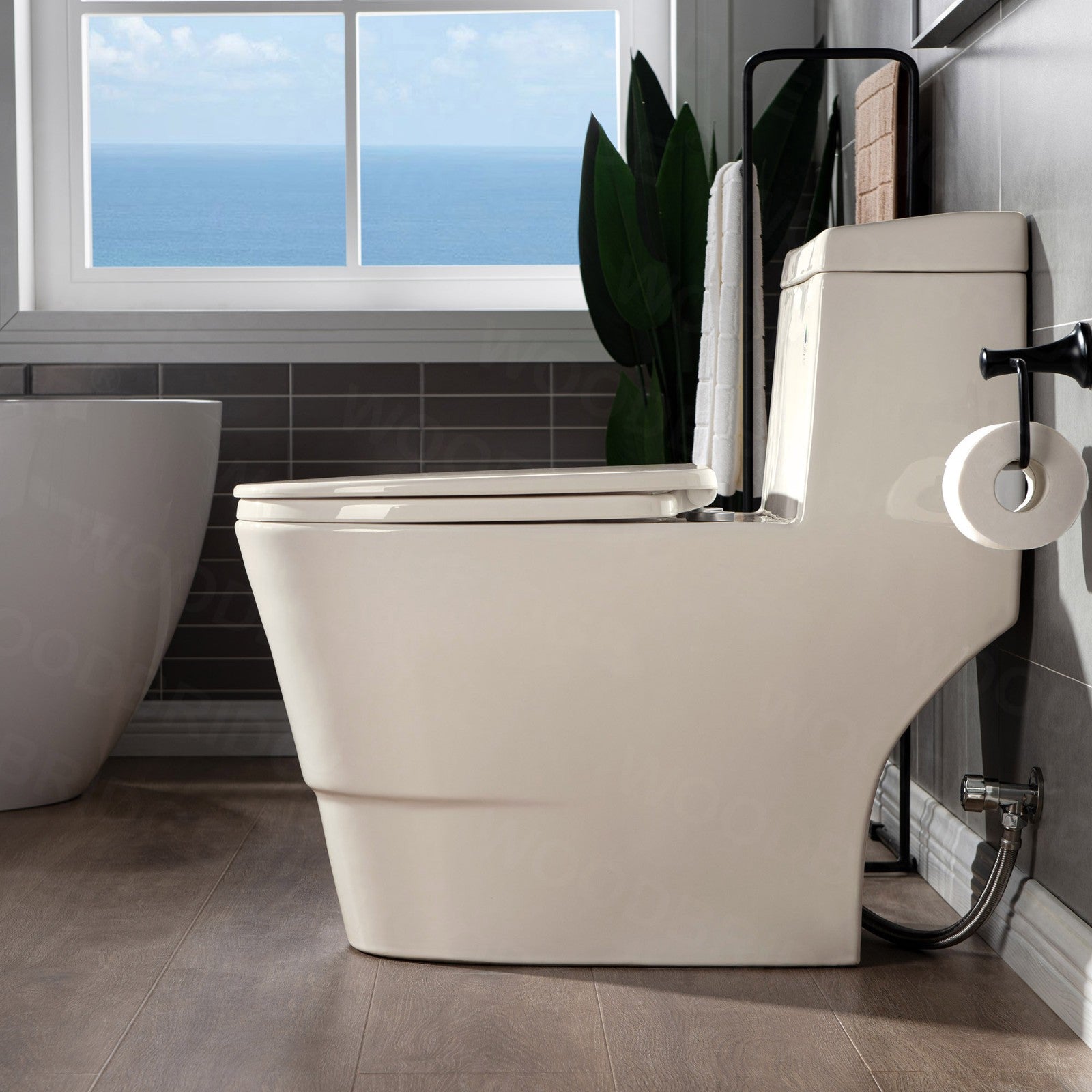 WOODBRIDGEE One Piece Toilet with Soft Closing Seat, Chair Height, 1.28 GPF Dual, Water Sensed, 1000 Gram MaP Flushing Score Toilet, Biscuit