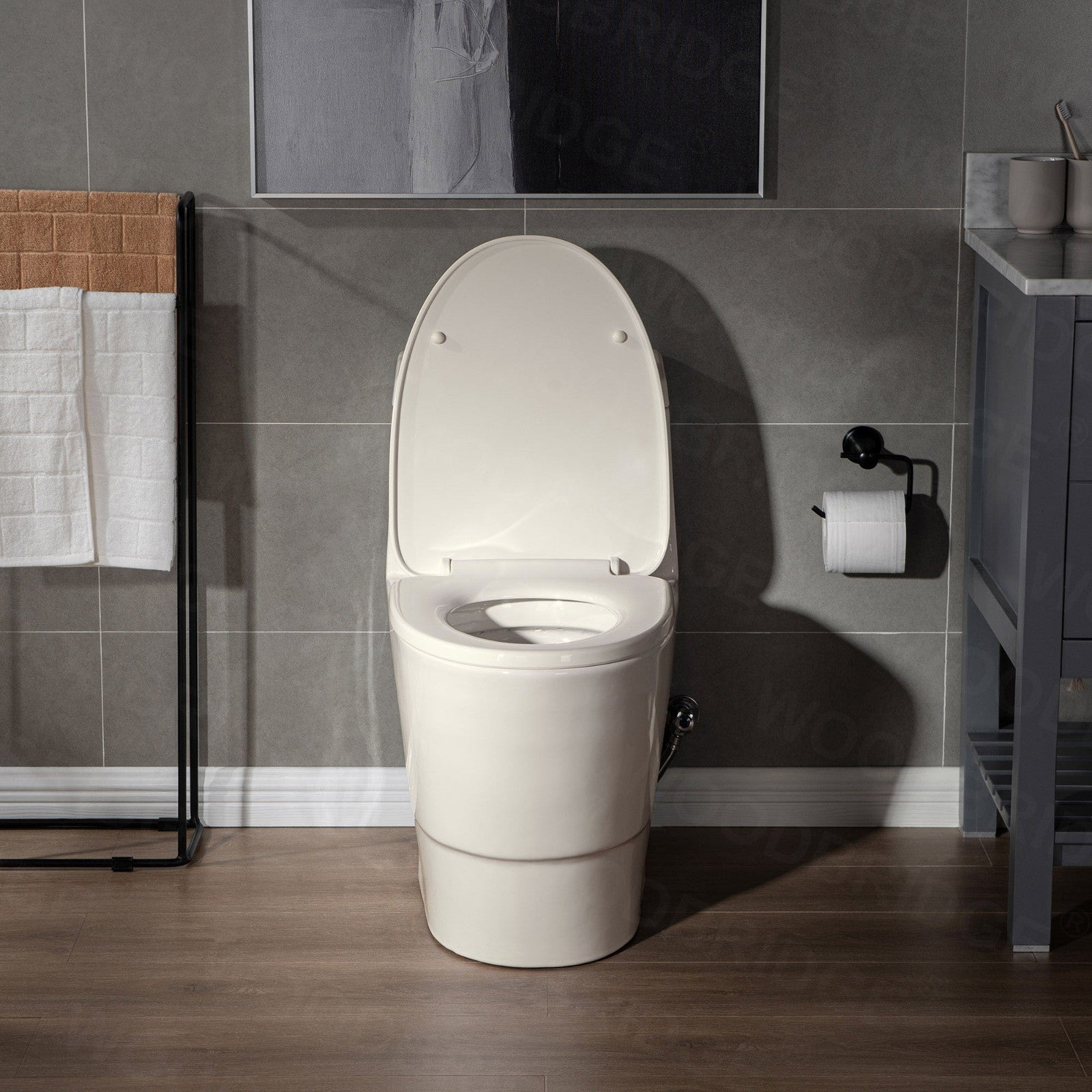 WOODBRIDGEE One Piece Toilet with Soft Closing Seat, Chair Height, 1.28 GPF Dual, Water Sensed, 1000 Gram MaP Flushing Score Toilet, Biscuit