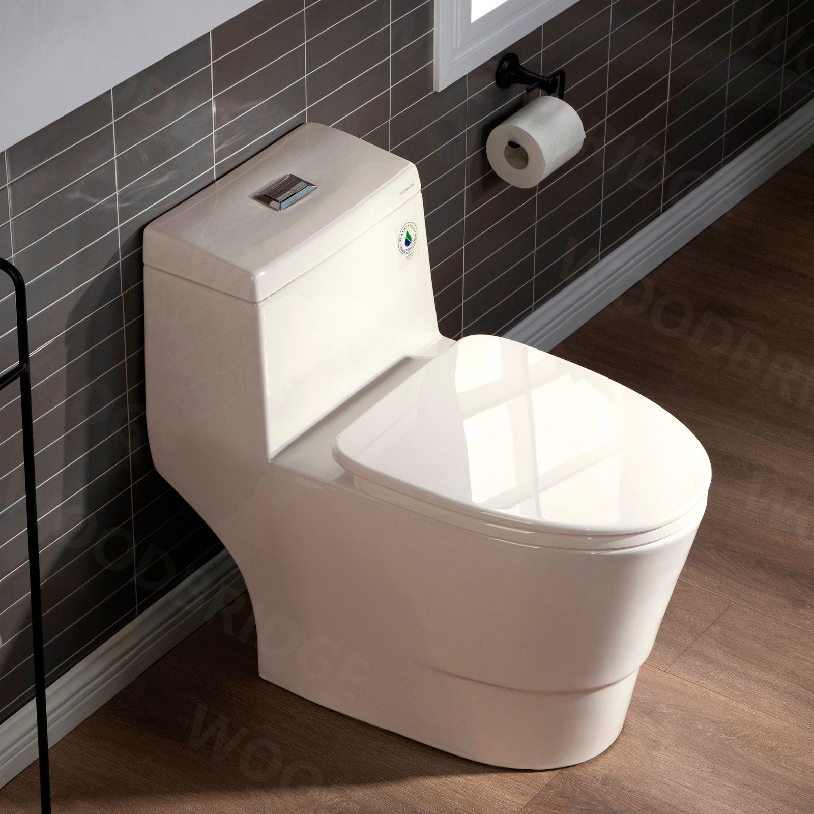WOODBRIDGEE One Piece Toilet with Soft Closing Seat, Chair Height, 1.28 GPF Dual, Water Sensed, 1000 Gram MaP Flushing Score Toilet, Biscuit