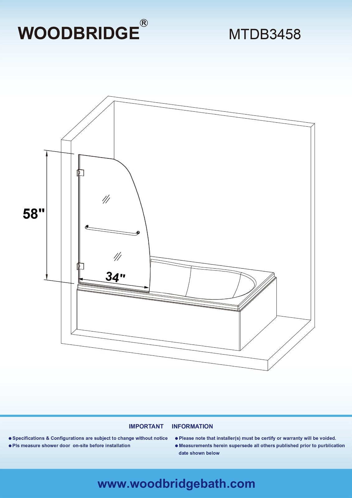 WOODBRIDGE Frameless Hinged Bathtub Shower, 5/16" Tempered Panel, 34" W x 58" H Tub Glass Door,MTDB3458