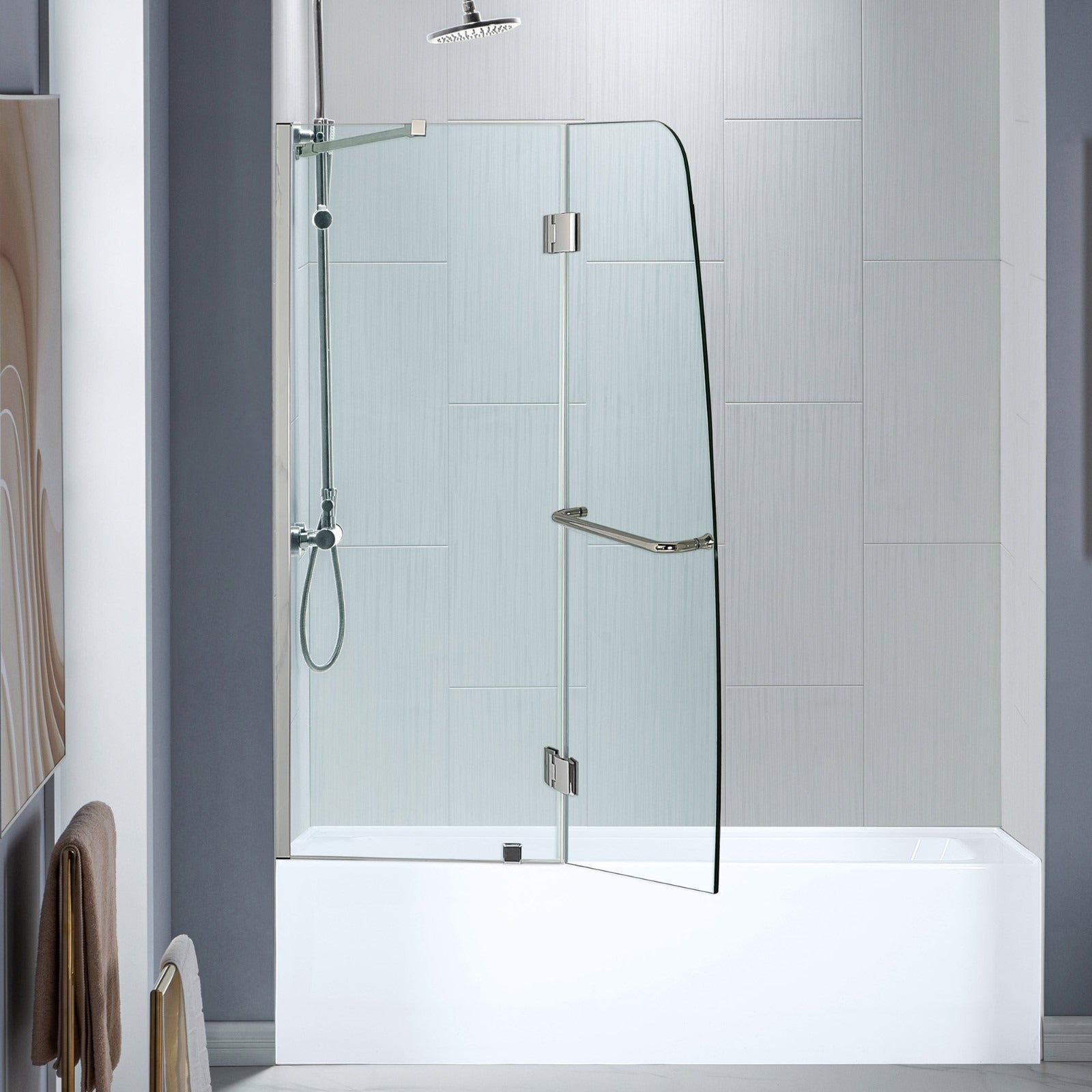 WOODBRIDGE Frameless Hinged Bathtub Shower, 5/16" Tempered Panel, 48-3/8" W x 58" H Tub Glass Door, MTDB4958