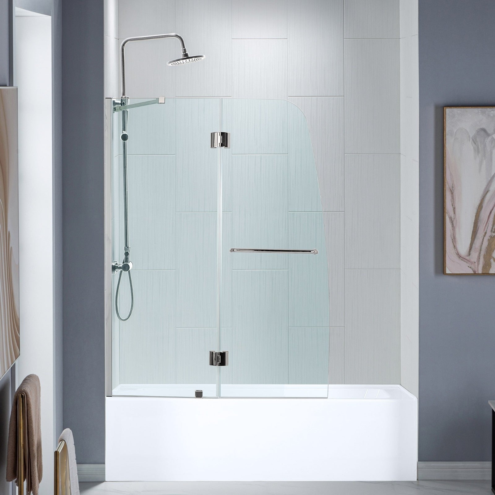 WOODBRIDGE Frameless Hinged Bathtub Shower, 5/16" Tempered Panel, 48-3/8" W x 58" H Tub Glass Door, MTDB4958