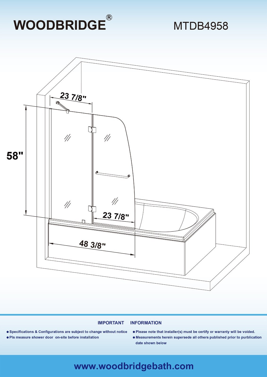 WOODBRIDGE Frameless Hinged Bathtub Shower, 5/16" Tempered Panel, 48-3/8" W x 58" H Tub Glass Door, MTDB4958