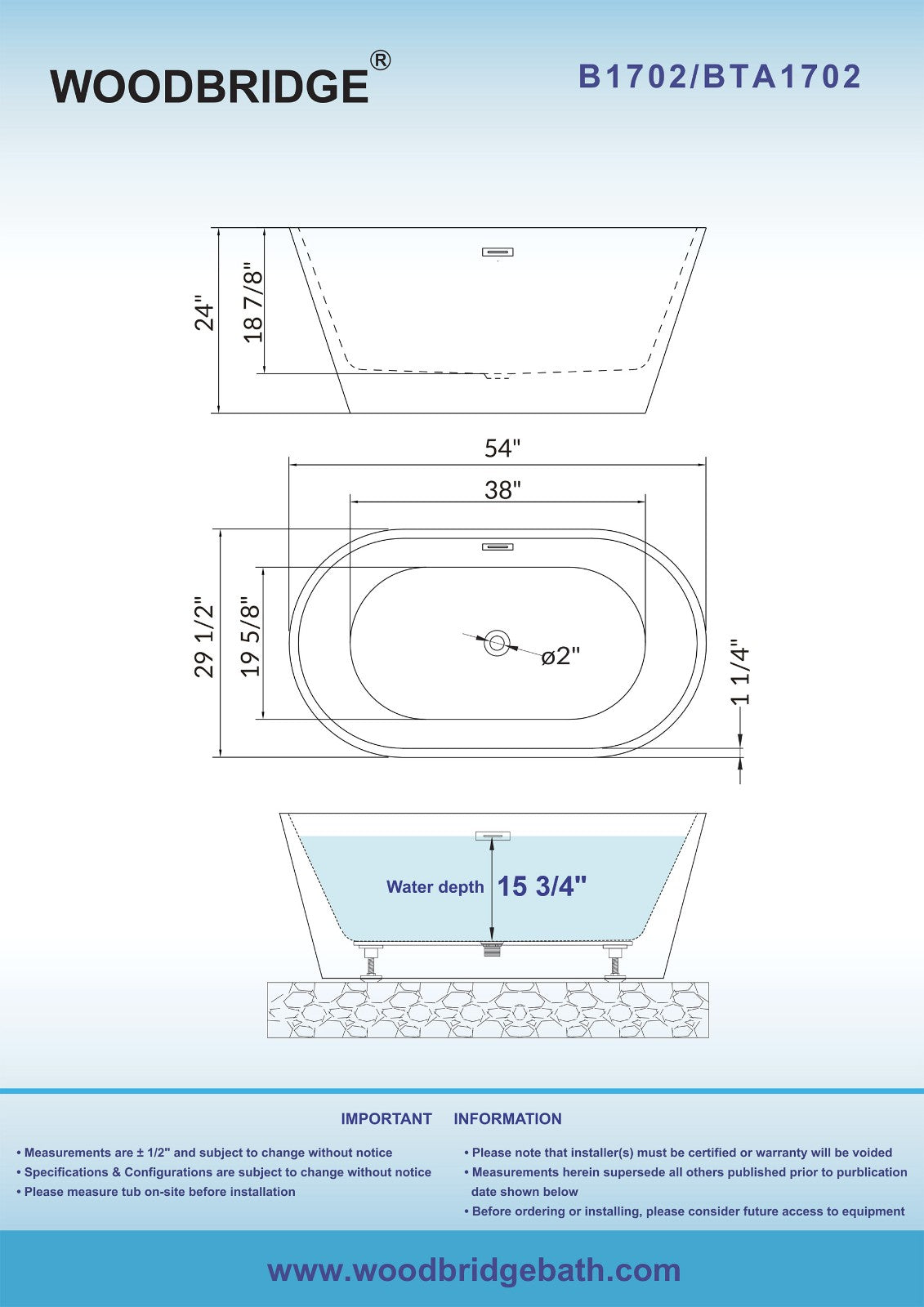 WOODBRIDGE 54" Acrylic Freestanding Bathtub Contemporary Soaking Tub with with Drain & Overflow, B1702