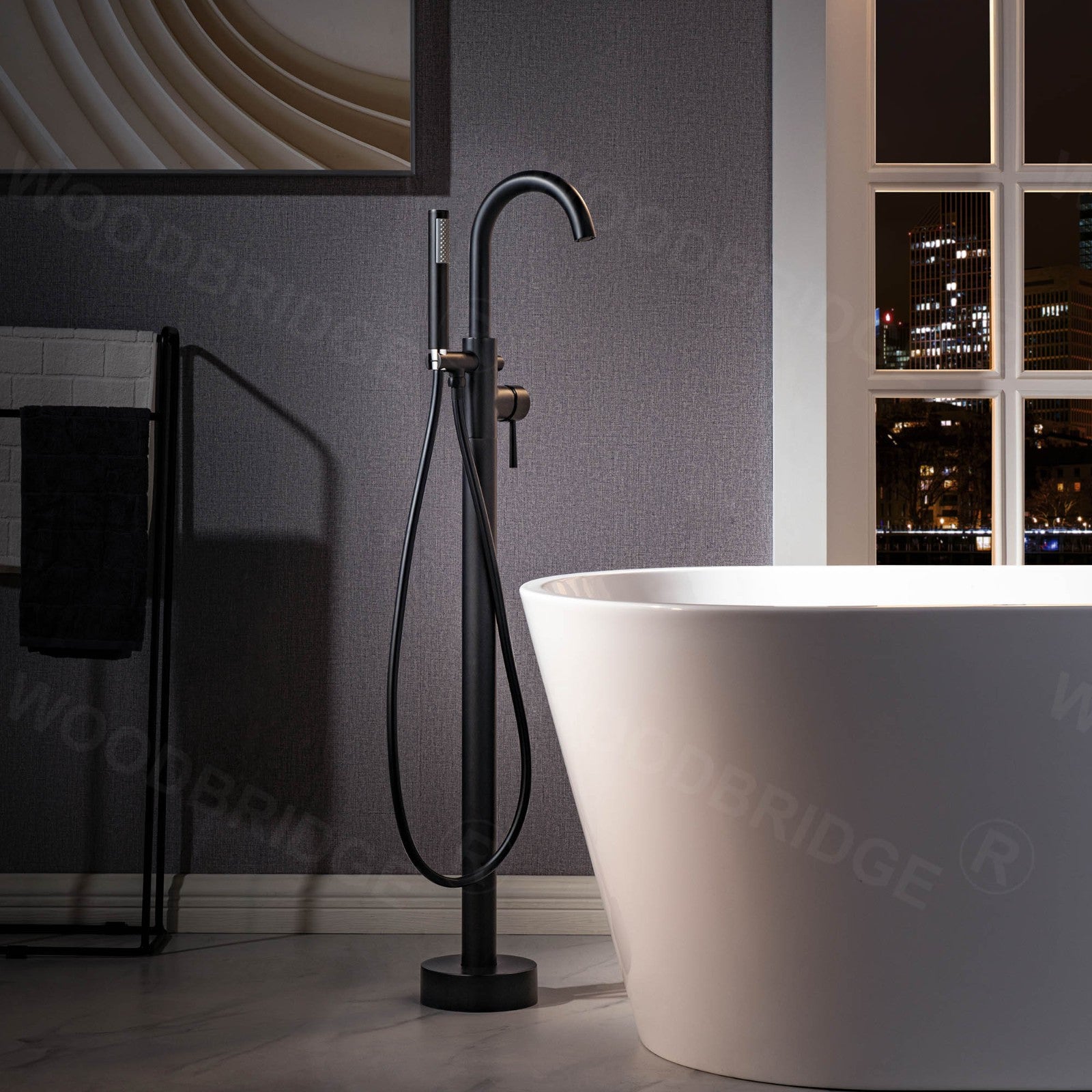 WOODBRIDGE Contemporary Single Handle Floor Mount Freestanding Tub Filler Faucet with Cylinder Shape Hand shower