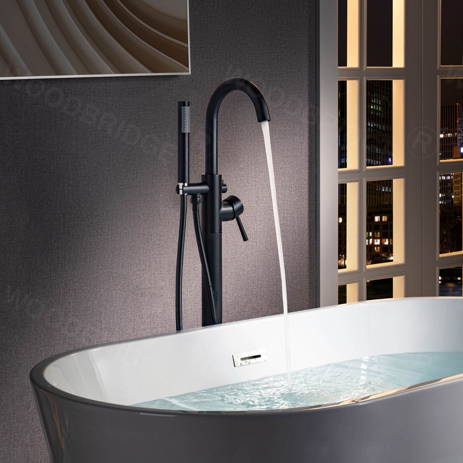 WOODBRIDGE Contemporary Single Handle Floor Mount Freestanding Tub Filler Faucet with Cylinder Shape Hand shower