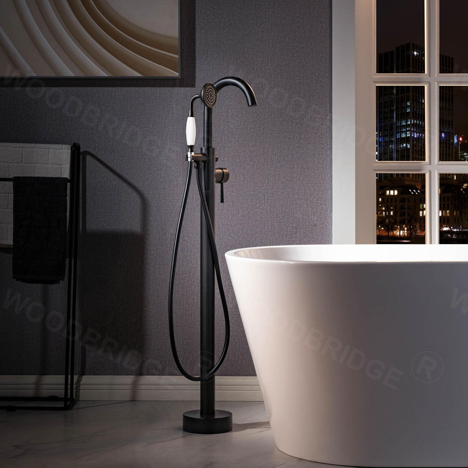 WOODBRIDGE Fusion Single Handle Floor Mount Freestanding Tub Filler Faucet with Telephone Hand shower