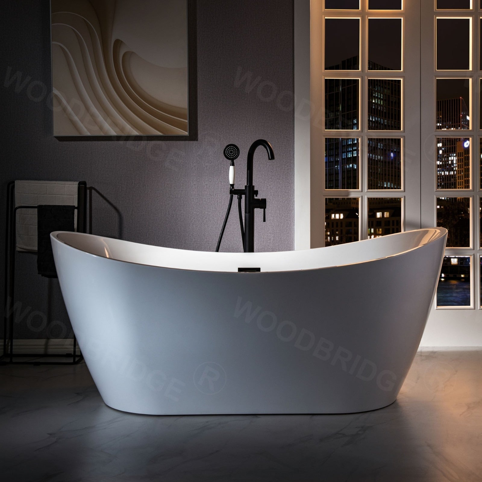 WOODBRIDGE Fusion Single Handle Floor Mount Freestanding Tub Filler Faucet with Telephone Hand shower