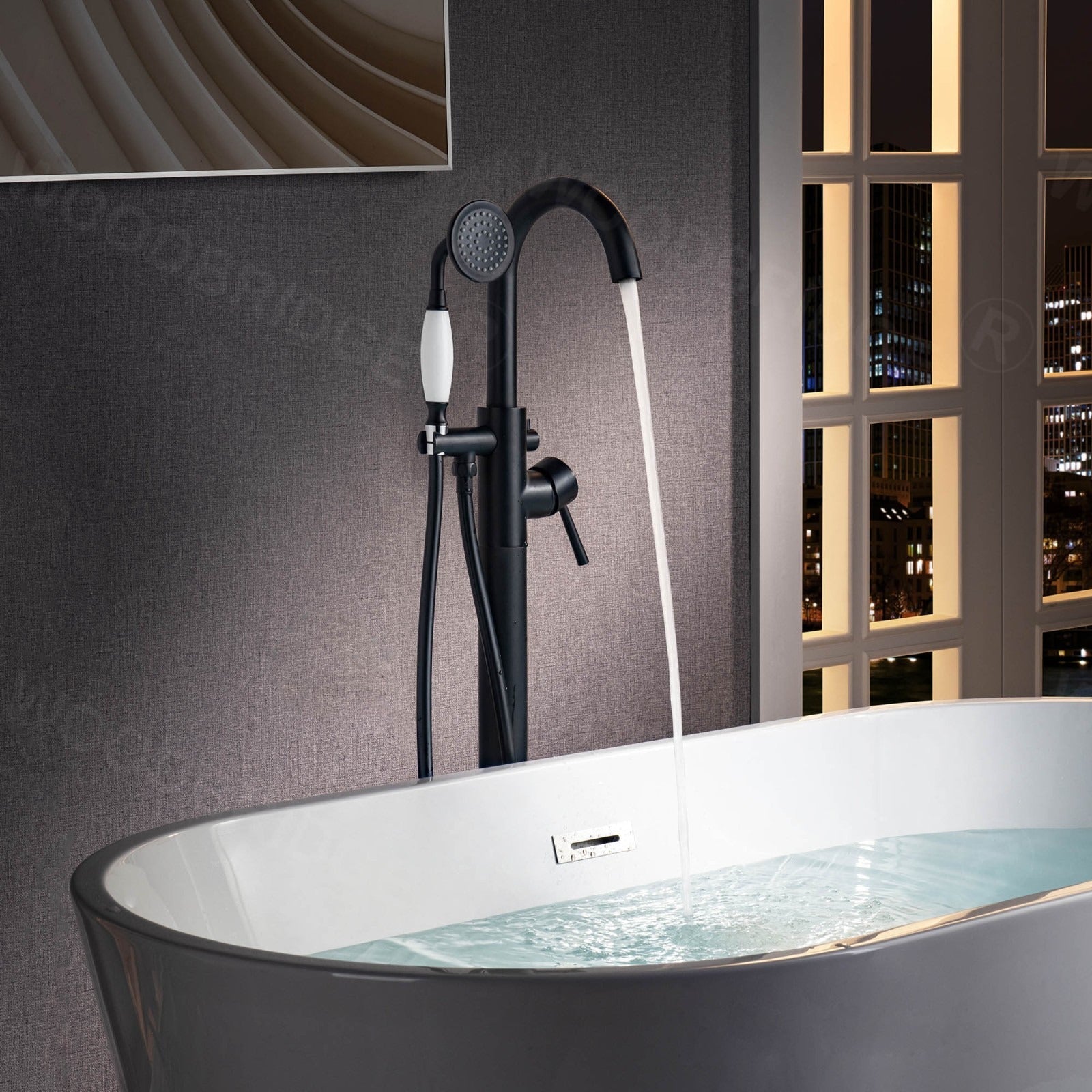 WOODBRIDGE Fusion Single Handle Floor Mount Freestanding Tub Filler Faucet with Telephone Hand shower
