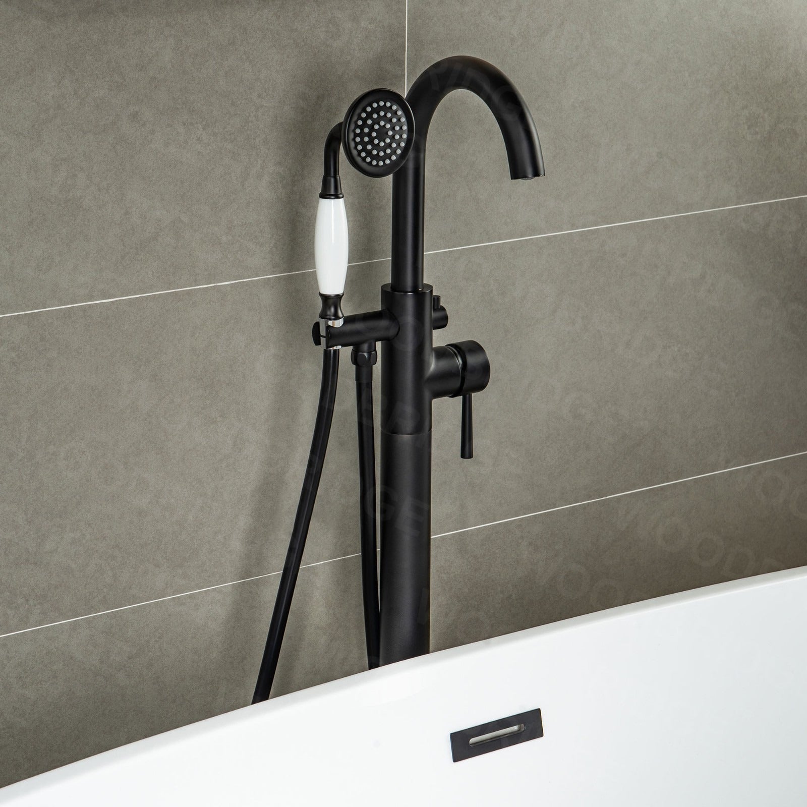 WOODBRIDGE Fusion Single Handle Floor Mount Freestanding Tub Filler Faucet with Telephone Hand shower