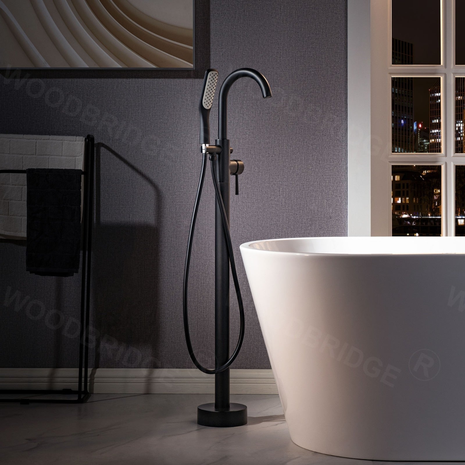 WOODBRIDGE Fusion Single Handle Floor Mount Freestanding Tub Filler Faucet with Square Comfort Grip Hand Shower
