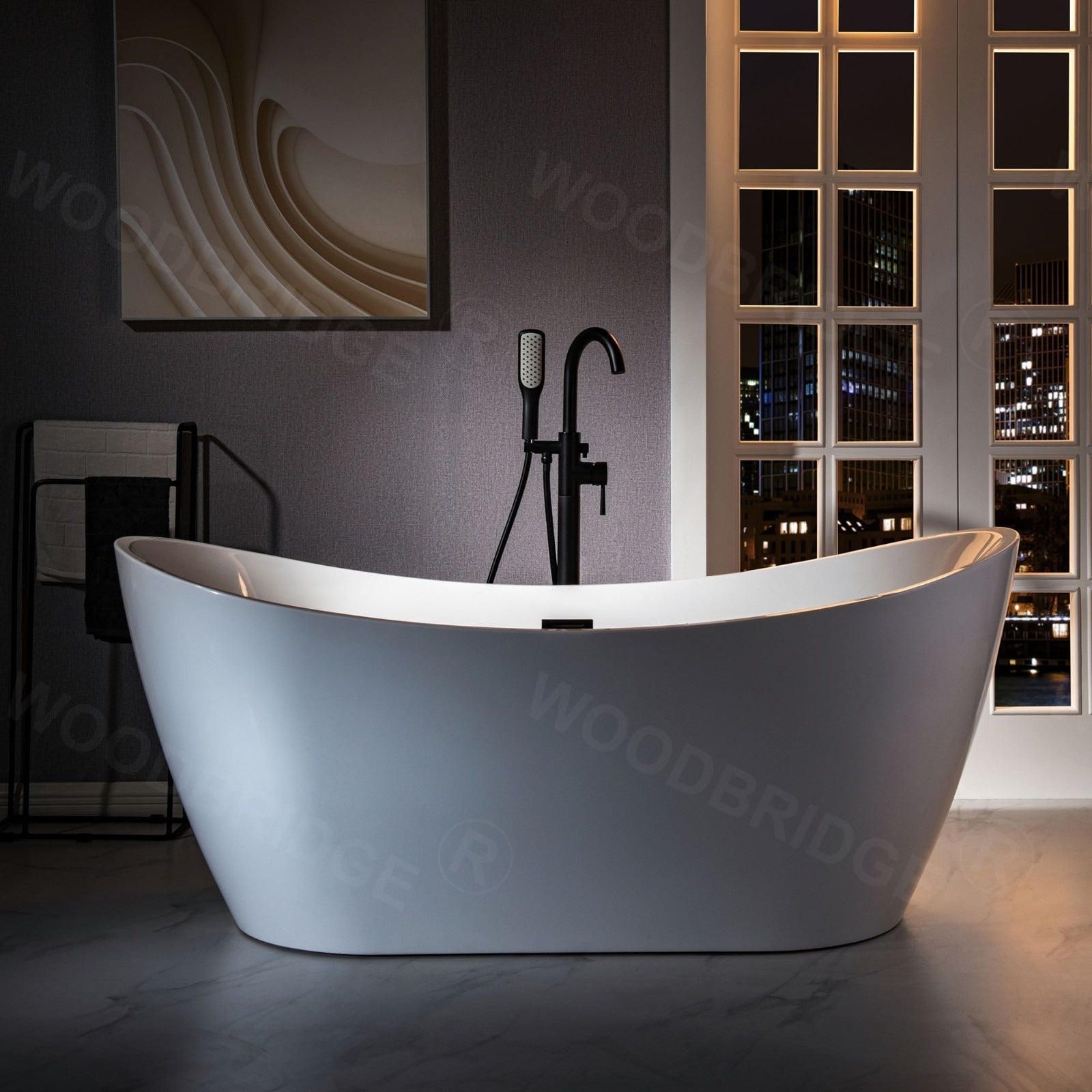 WOODBRIDGE Fusion Single Handle Floor Mount Freestanding Tub Filler Faucet with Square Comfort Grip Hand Shower
