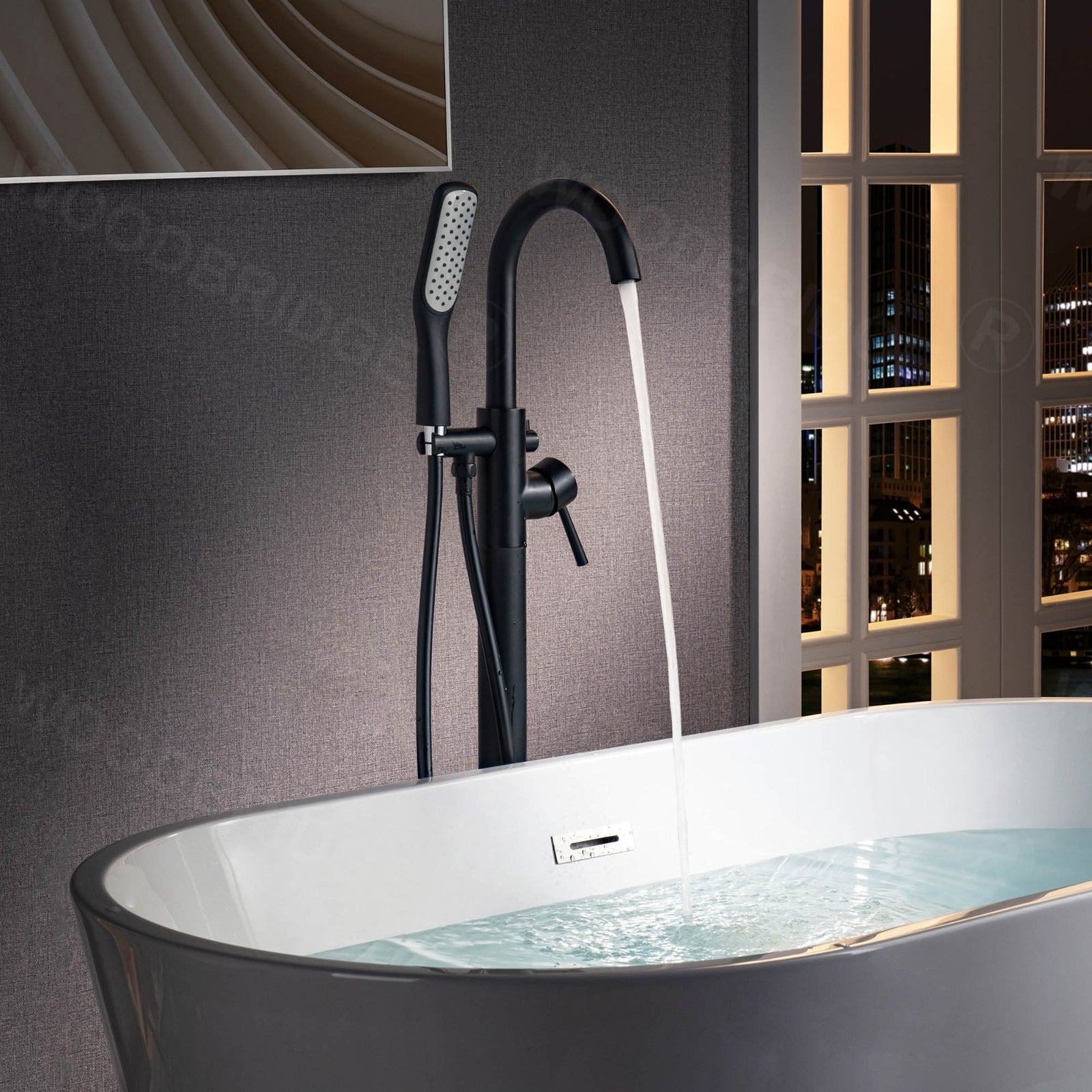 WOODBRIDGE Fusion Single Handle Floor Mount Freestanding Tub Filler Faucet with Square Comfort Grip Hand Shower
