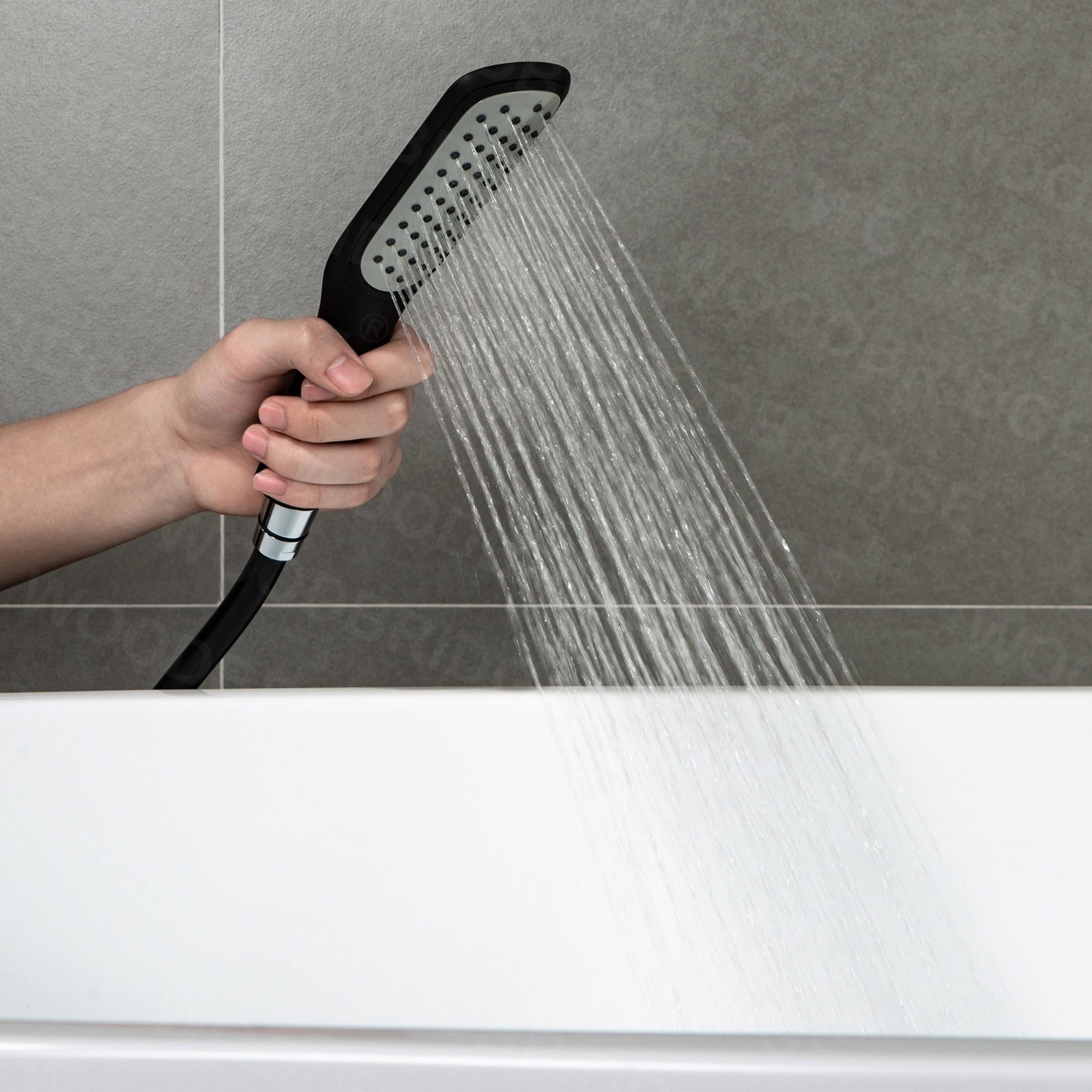 WOODBRIDGE Fusion Single Handle Floor Mount Freestanding Tub Filler Faucet with Square Comfort Grip Hand Shower